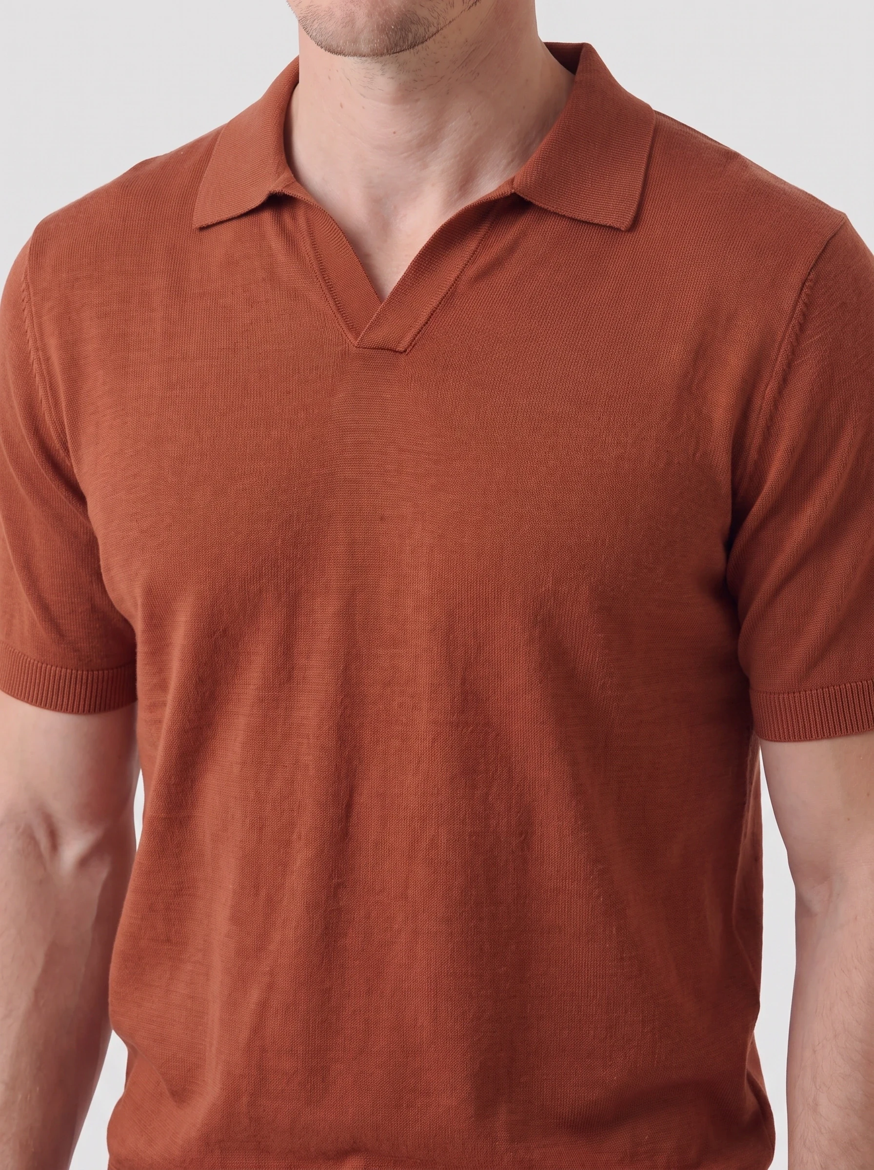 Rust Open Collar Knit Polo, men solid polos, Open collar join and rib hem detail