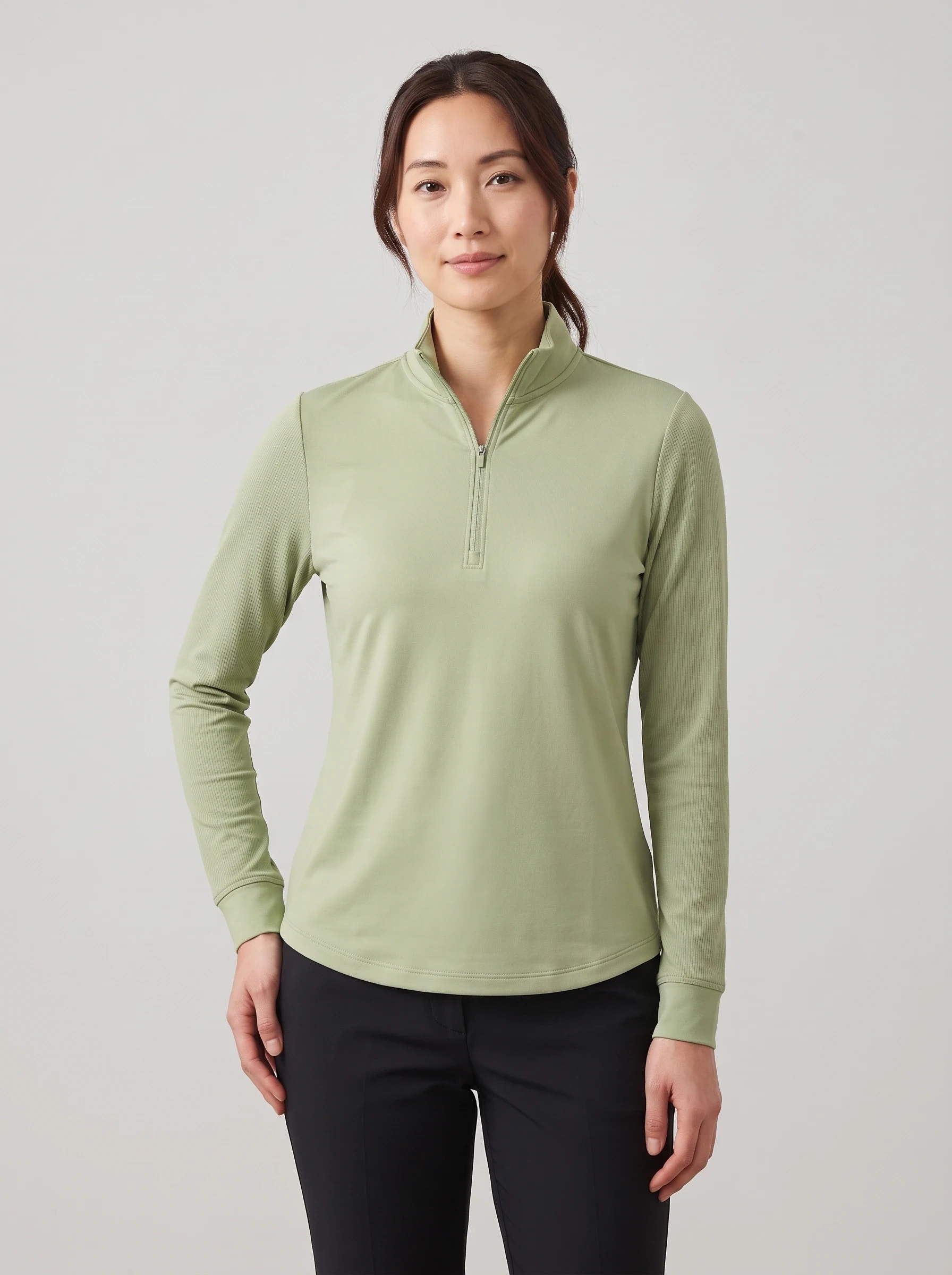 Pistachio Rib Sleeve Midlayer, women zip tops & midlayers, front view