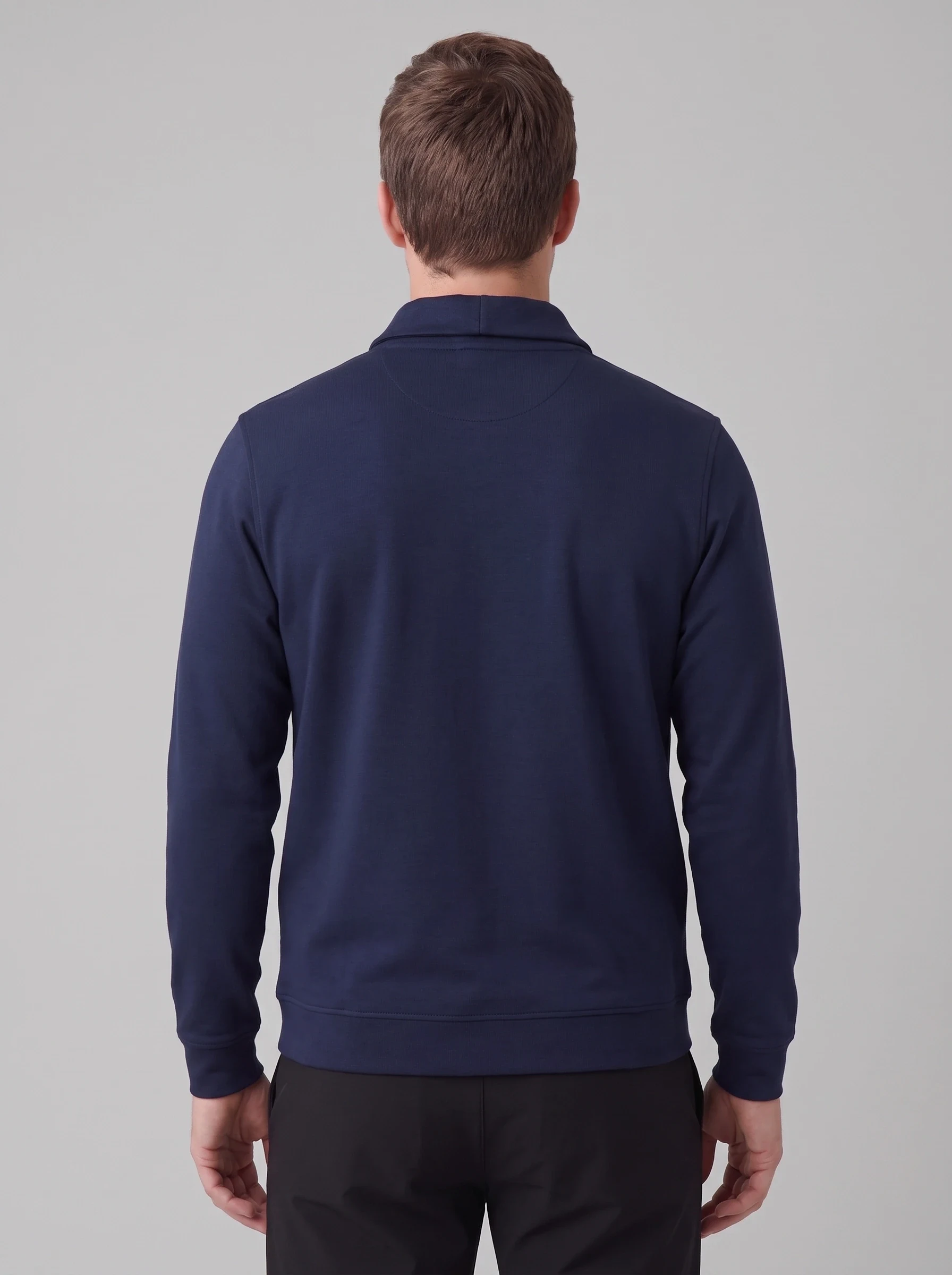 Navy Double Knit Shawl Zip, men zip tops & midlayers, back view