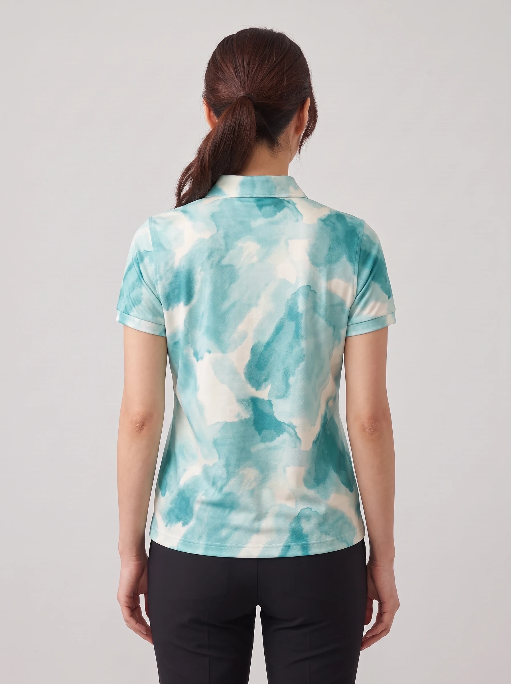 Teal Watercolor Short Sleeve Polo, women printed polos, back view