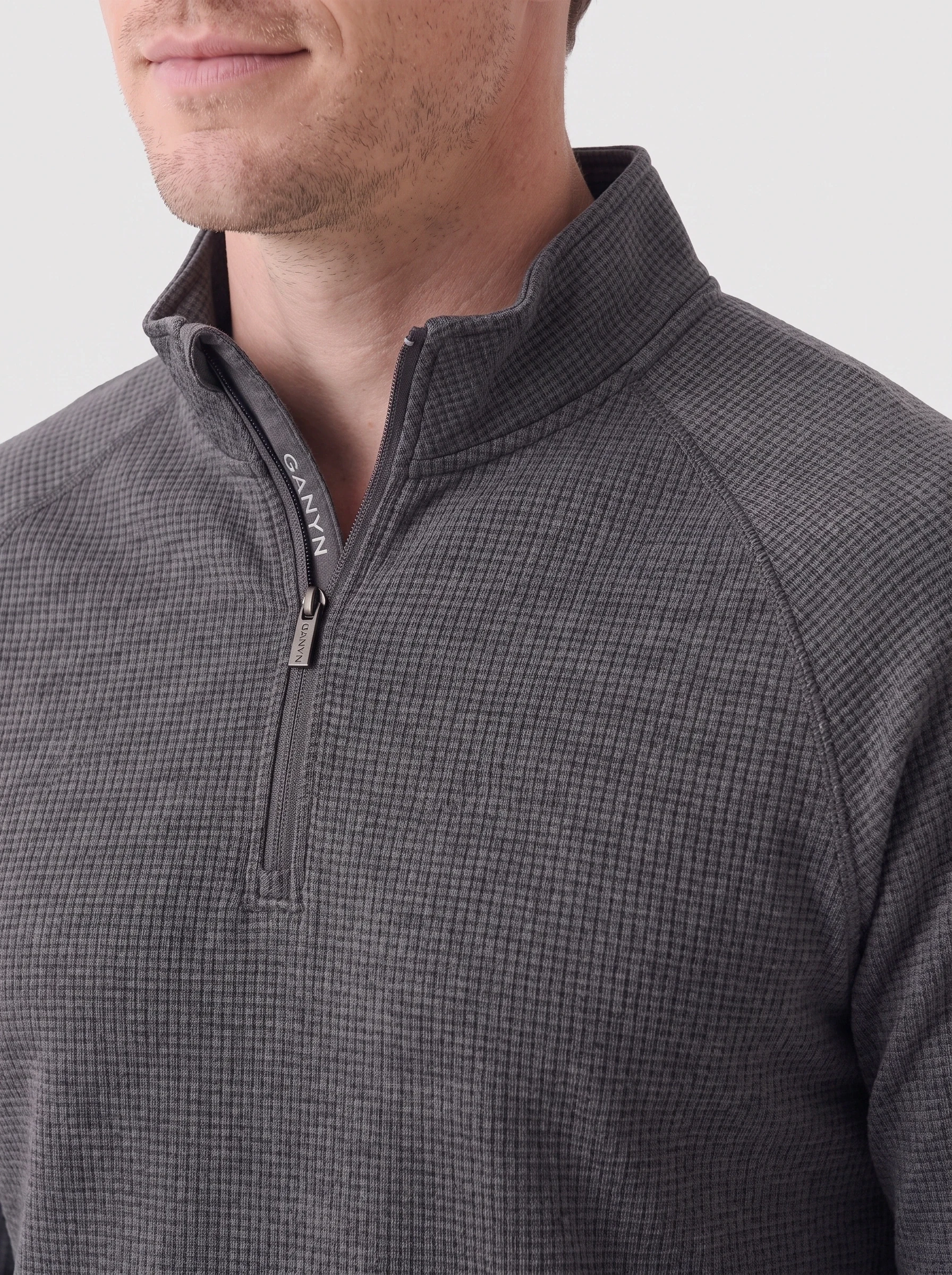 Charcoal Grid Quarter Zip, men zip tops & midlayers, Grid texture and zip guard detail