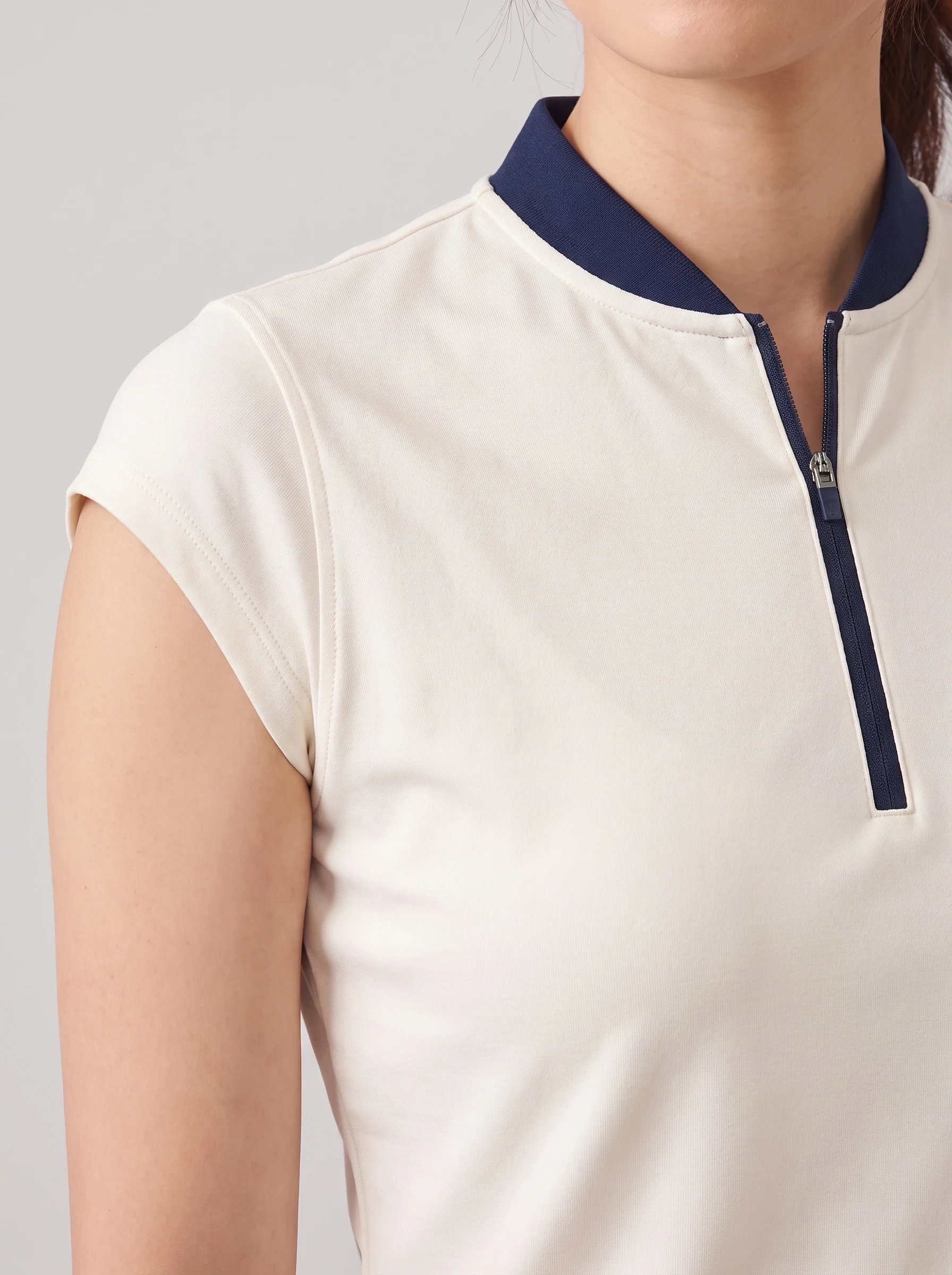 Ivory Mandarin Neck Polo, women solid polos, Cap sleeve and contrast neckline detail