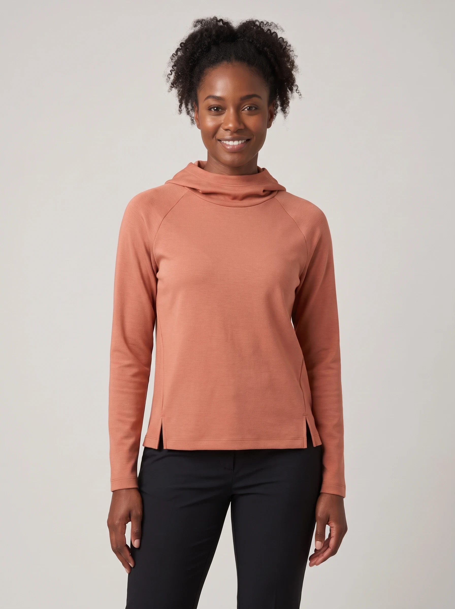 Terracotta Cowl Hood Pullover, women hoodies, front view