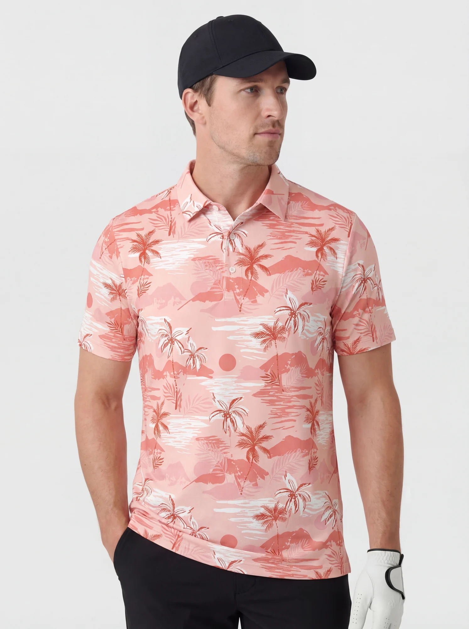 Men's coral palm landscape polo in pale pink / coral, front view