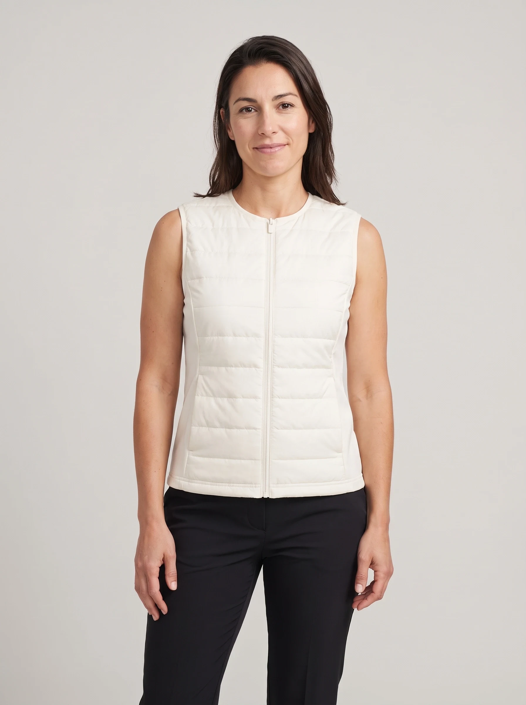 Ivory Quilted Collarless Vest, women outerwear, front view