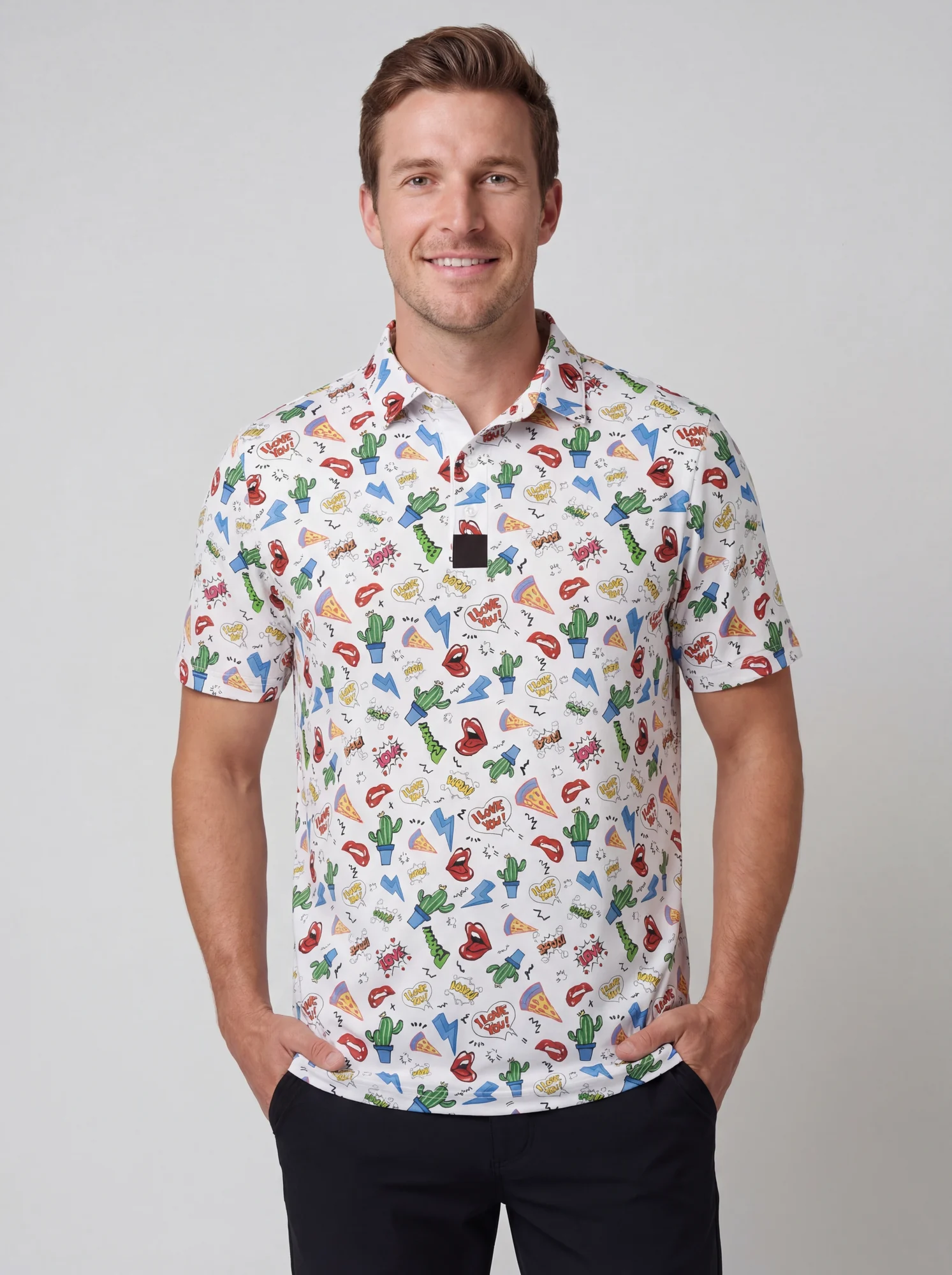 Men's multicolor pop art print polo in white / red / blue / green / yellow, front view