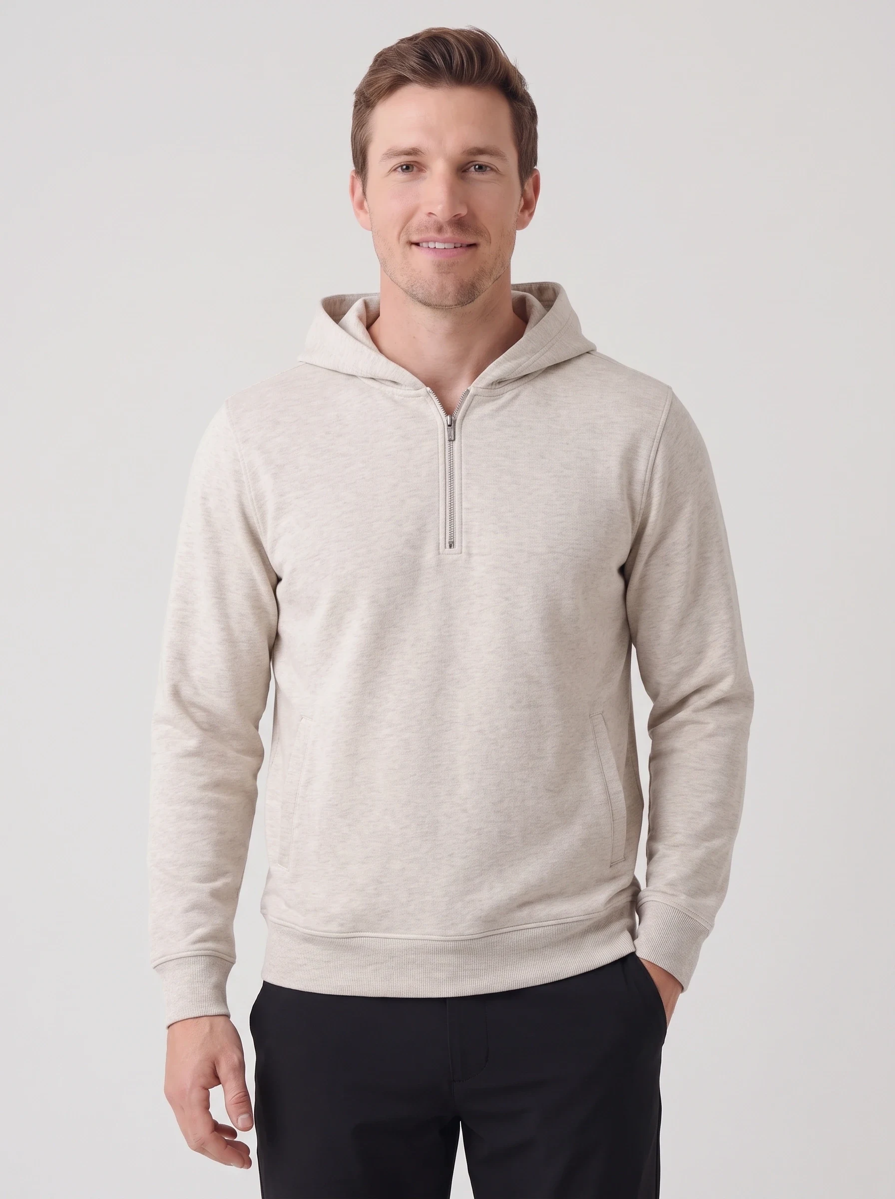 Oatmeal Rib Hem Half Zip Hoodie, men hoodies, front view