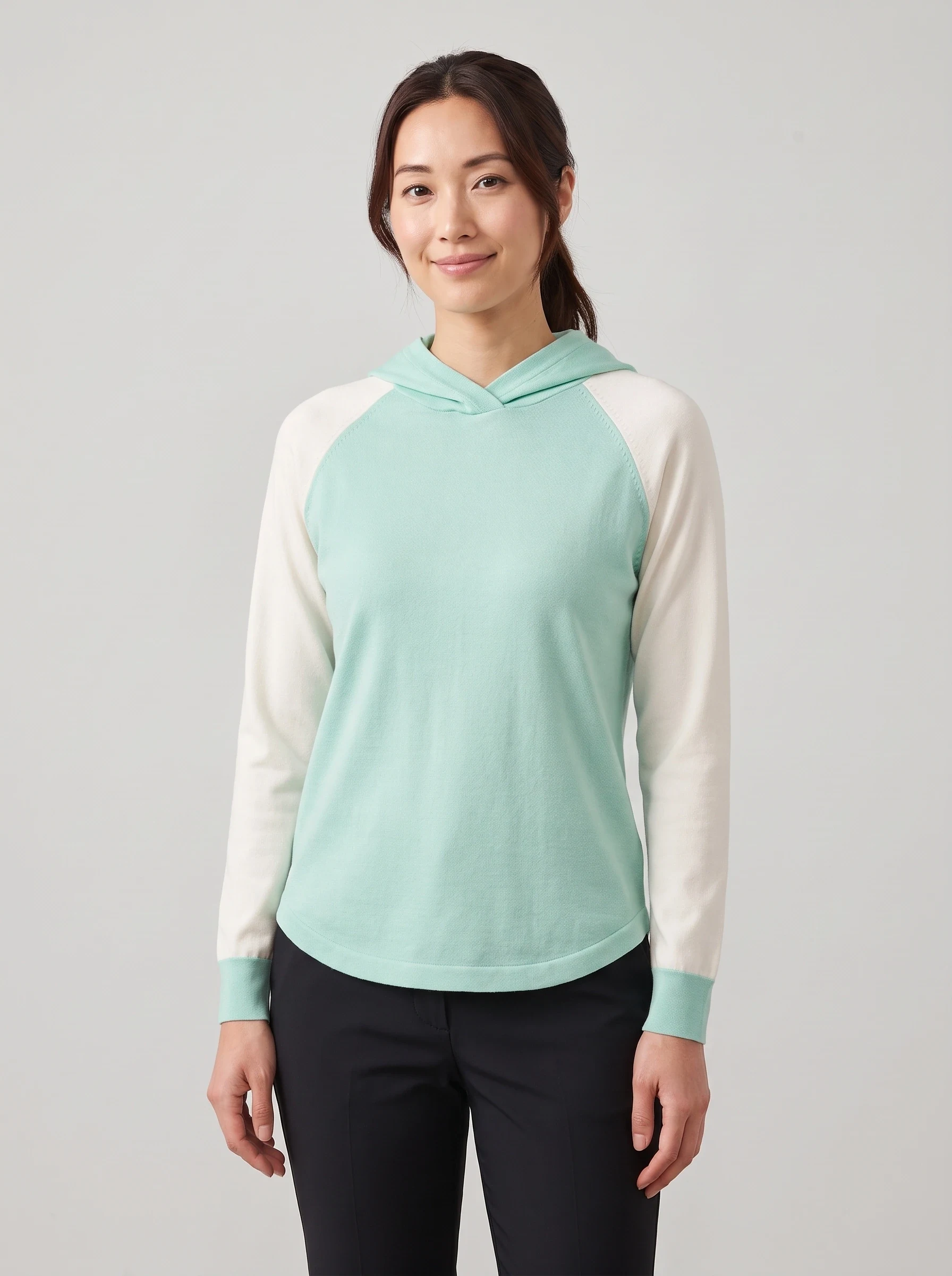 Mint Contrast Sleeve Hoodie, women hoodies, front view
