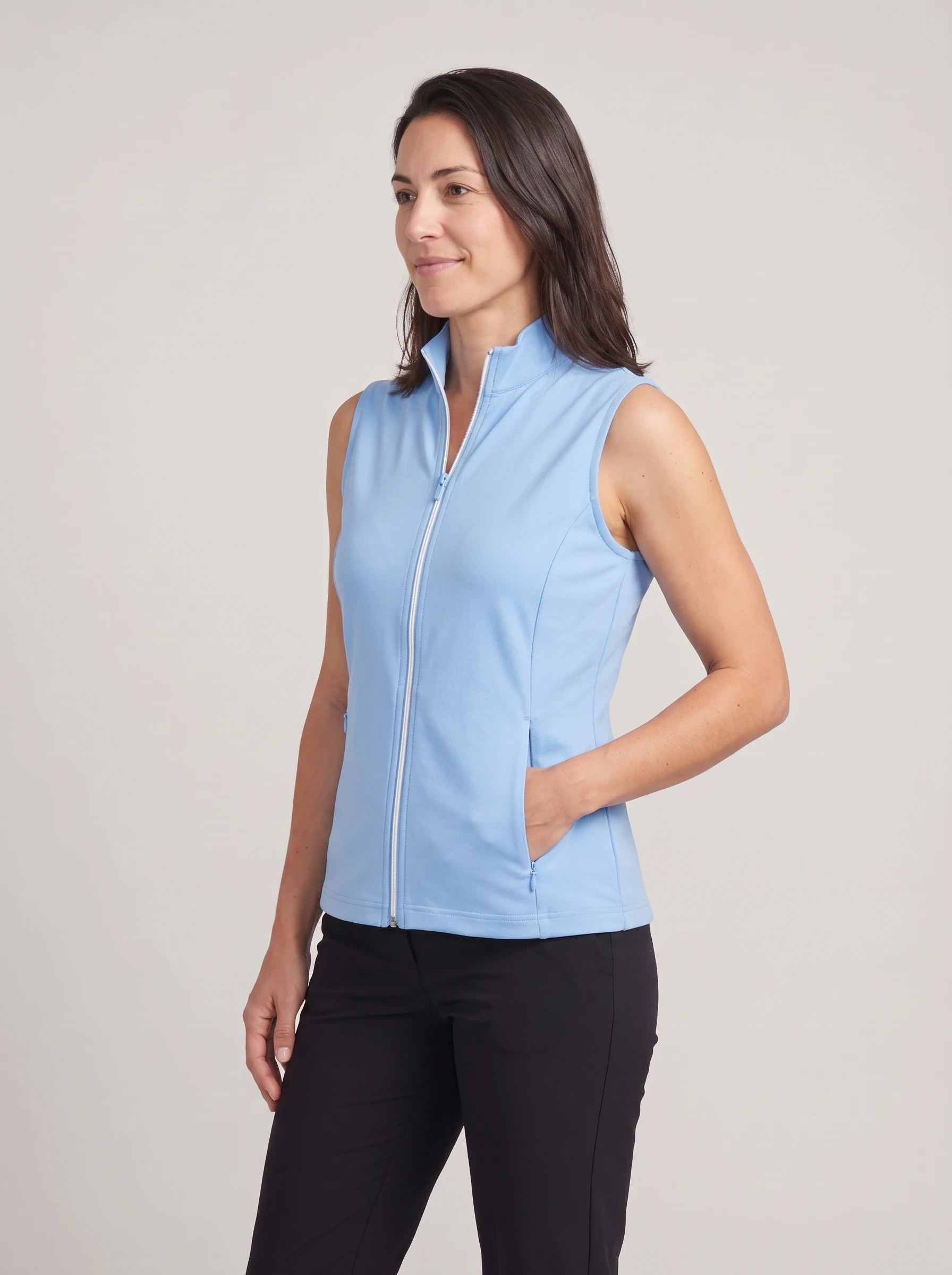 Sky Blue Zip Front Vest, women zip tops & midlayers, side view
