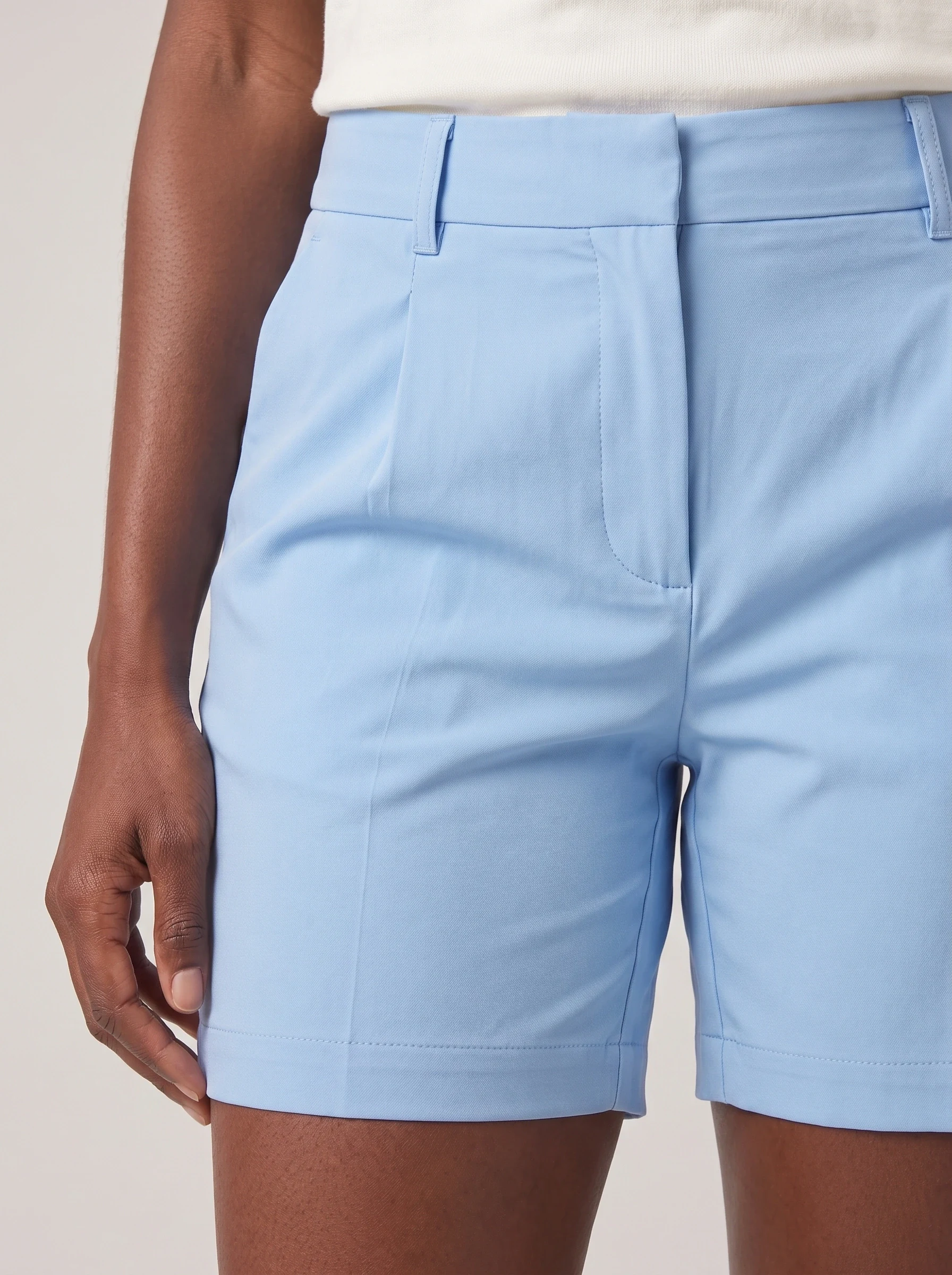 Sky Blue Pleat Front Golf Short, women shorts, Shallow front pleat and fly detail