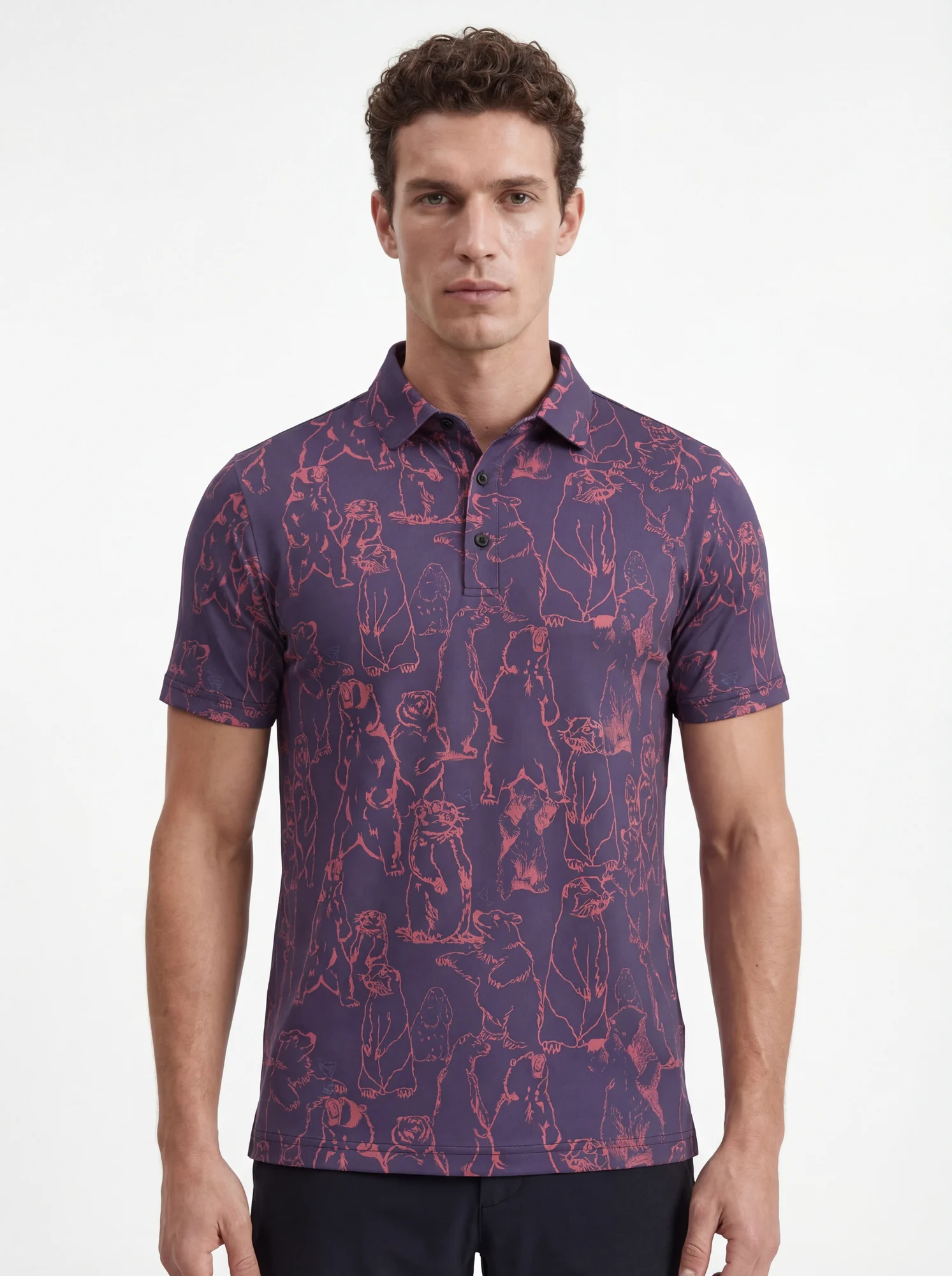 Men's plum line art print polo in plum / coral, front view