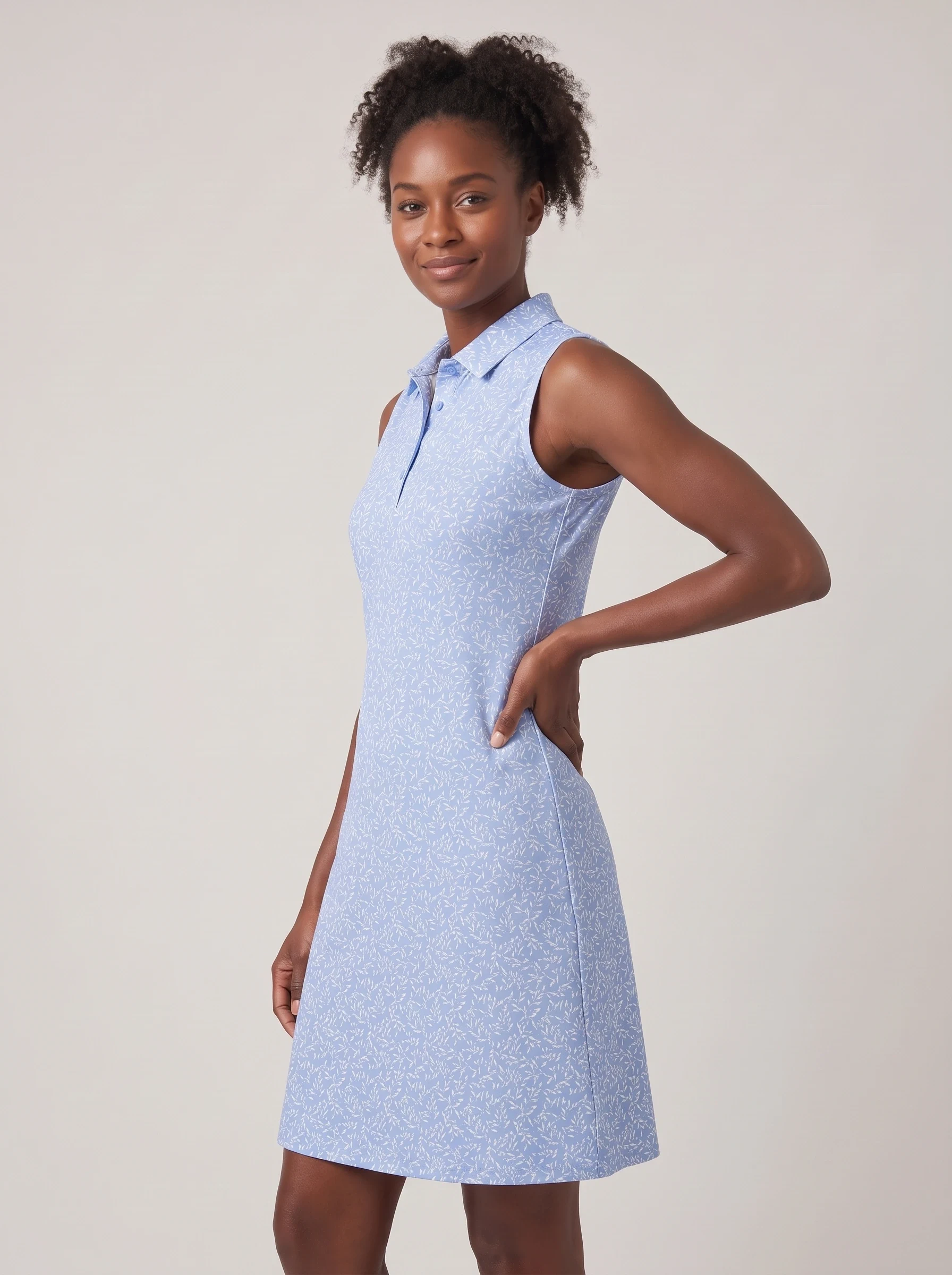 Blue Micro Leaf Golf Dress, women golf dresses, side view