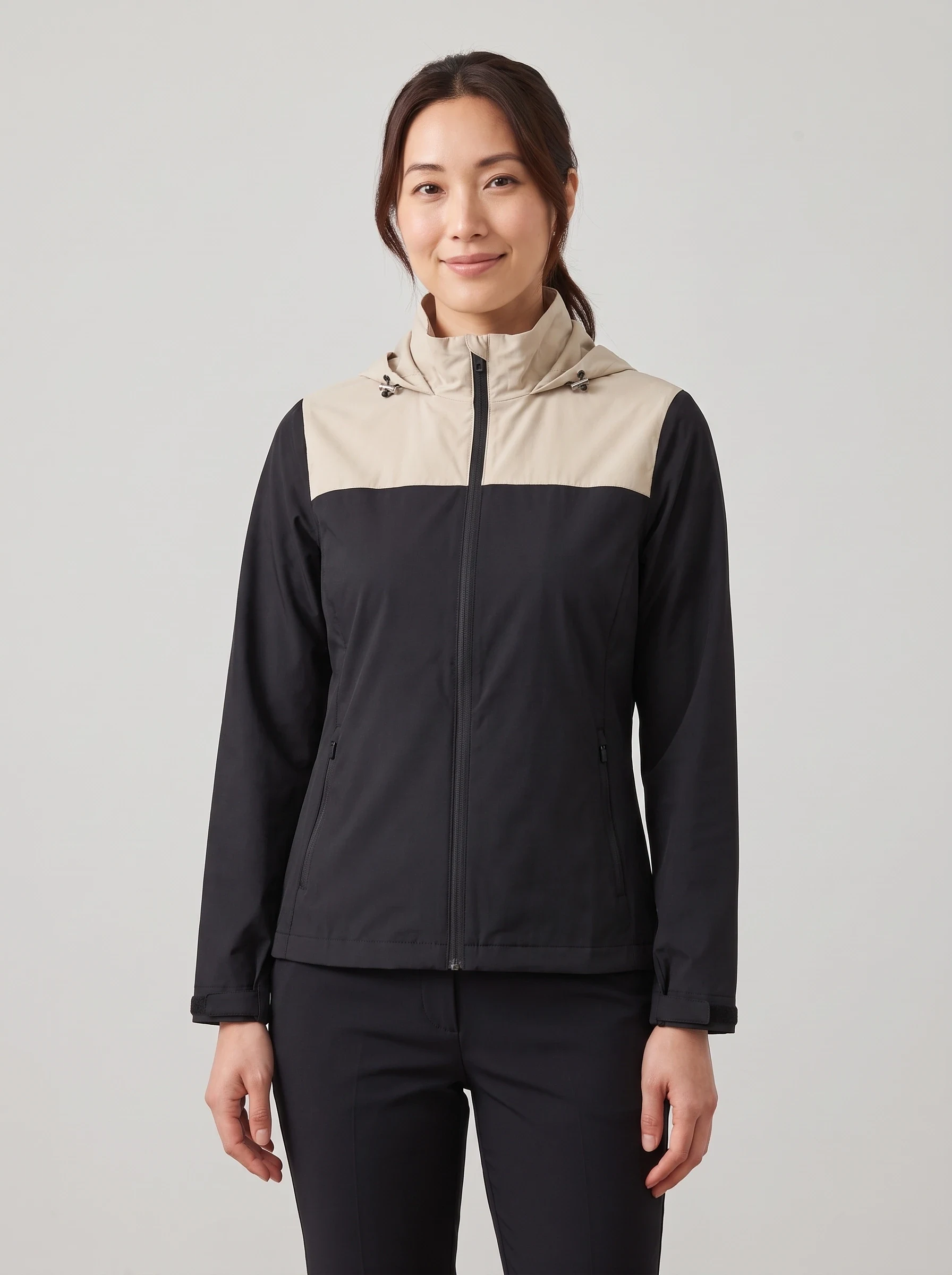 Black Two Tone Hooded Shell, women outerwear, front view