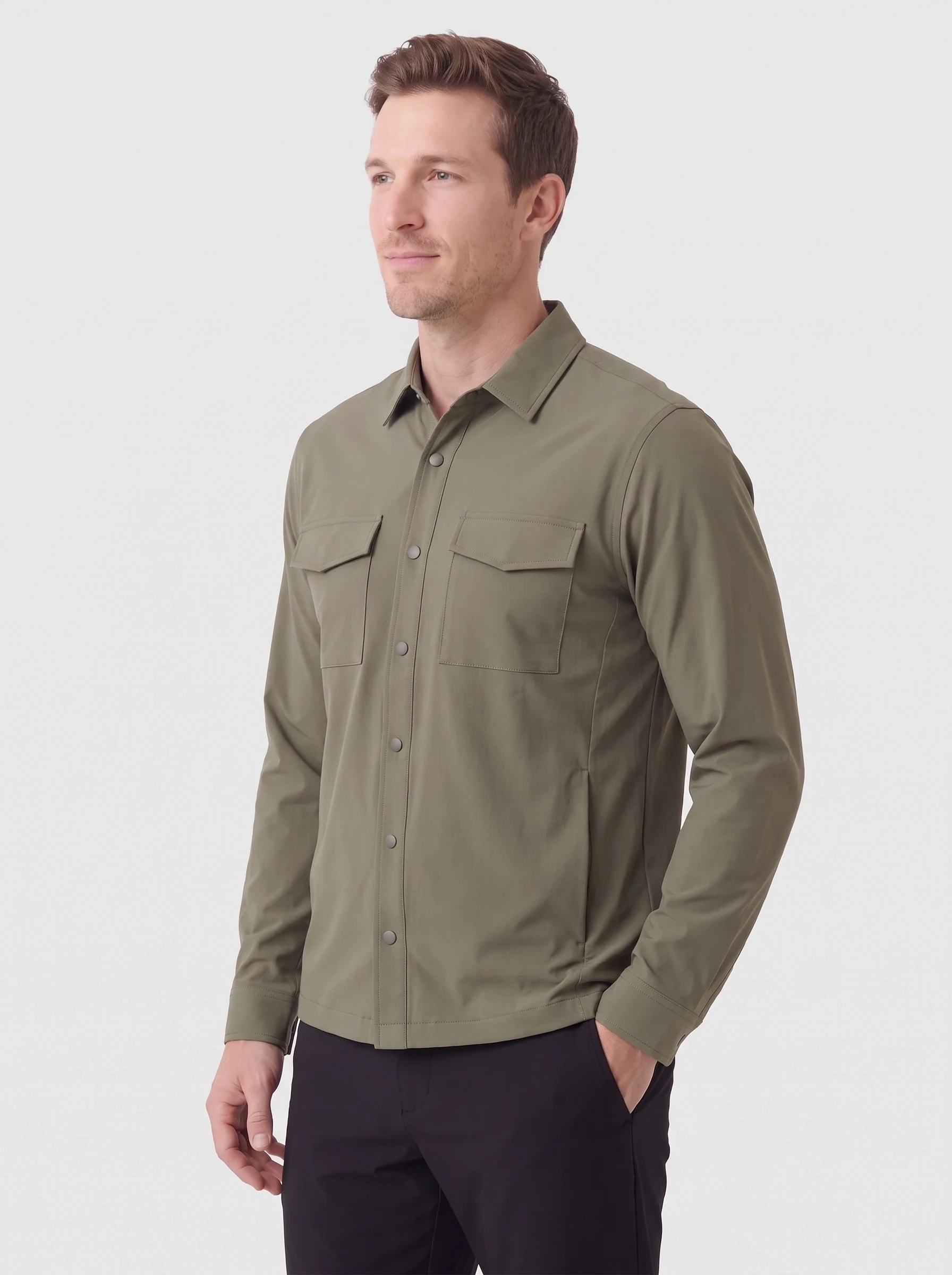 Olive Utility Golf Overshirt, men outerwear, side view