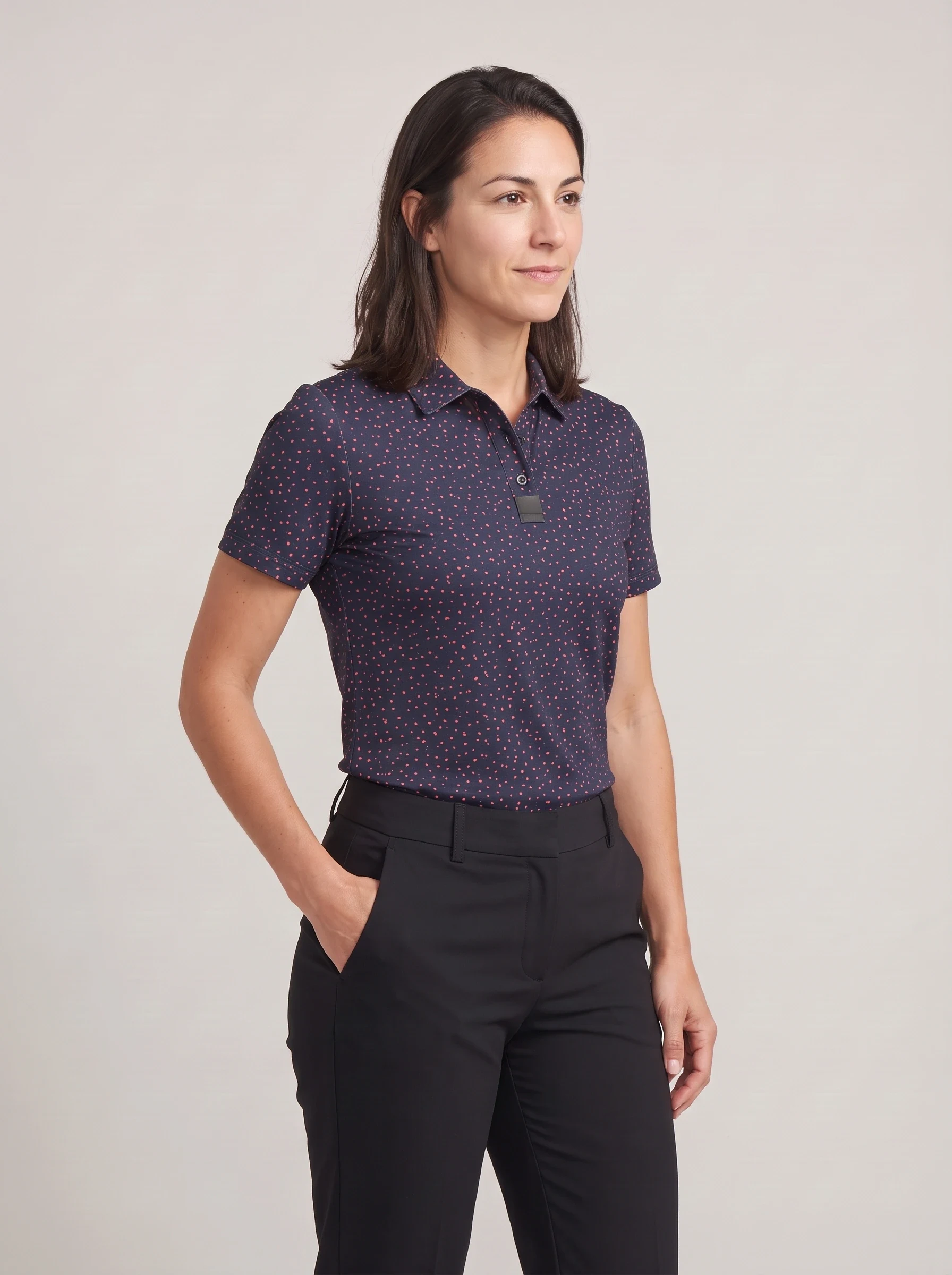 Navy Coral Dot Polo, women printed polos, side view
