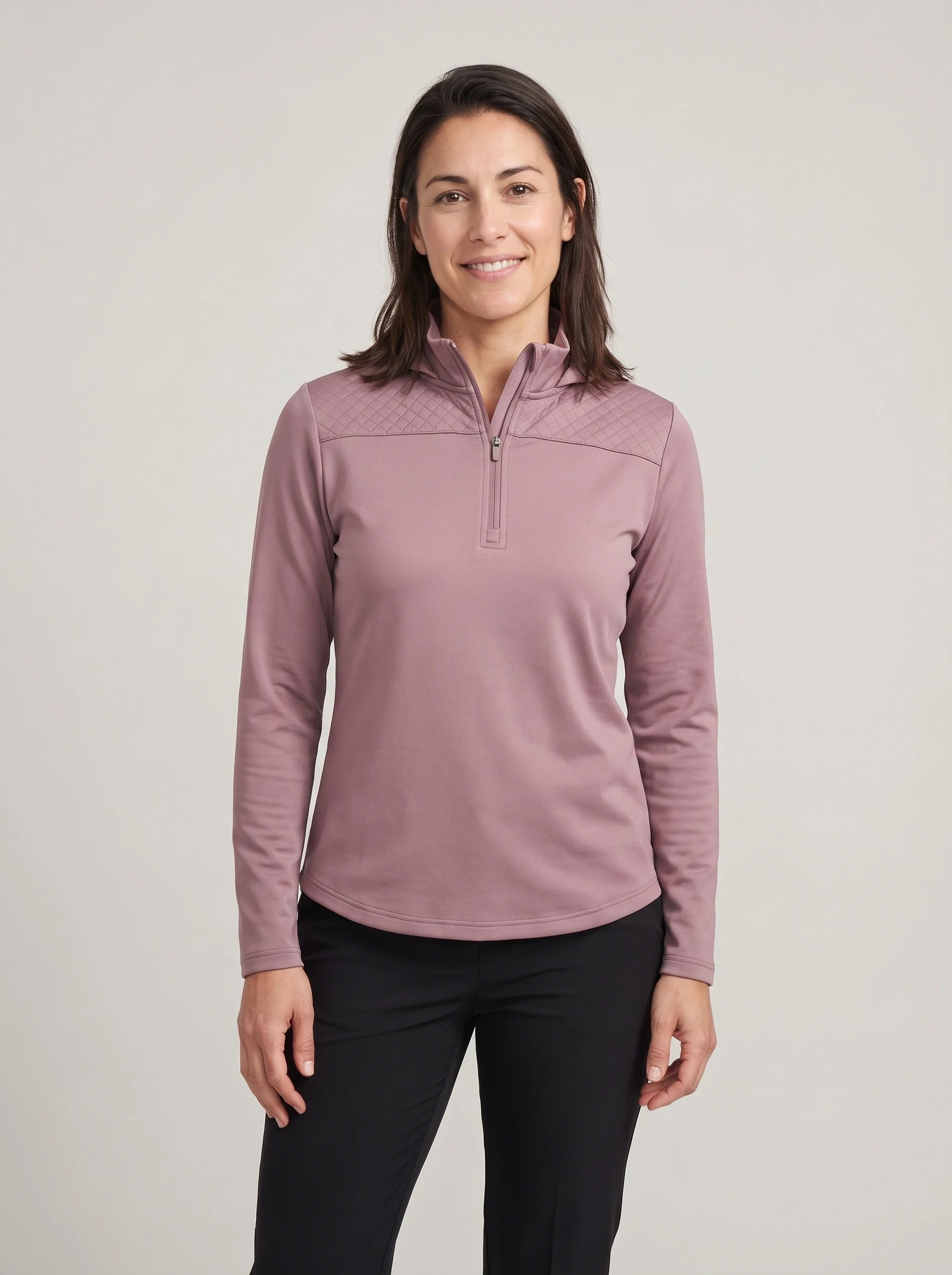 Mauve Quilted Yoke Half Zip, women zip tops & midlayers, front view