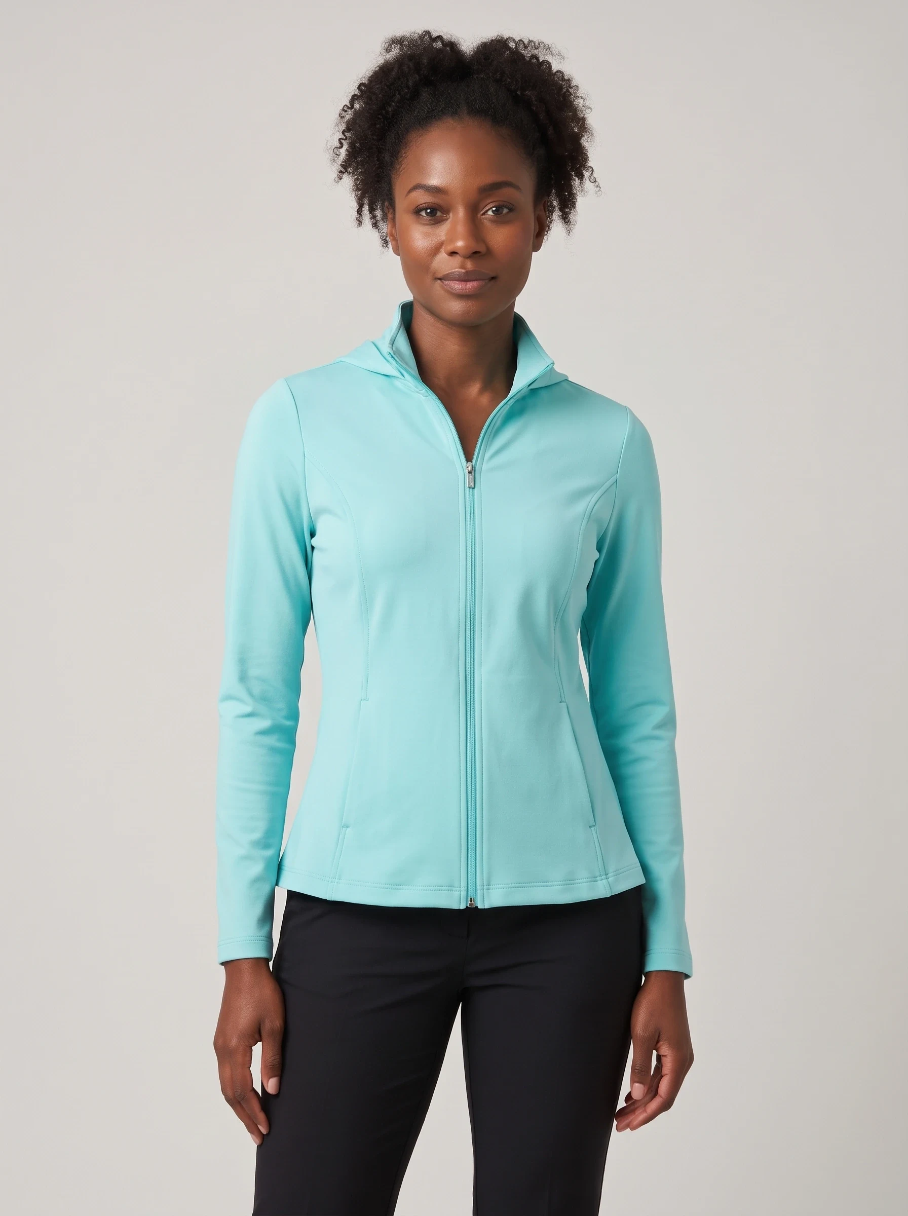 Aqua Peplum Zip Midlayer, women zip tops & midlayers, front view