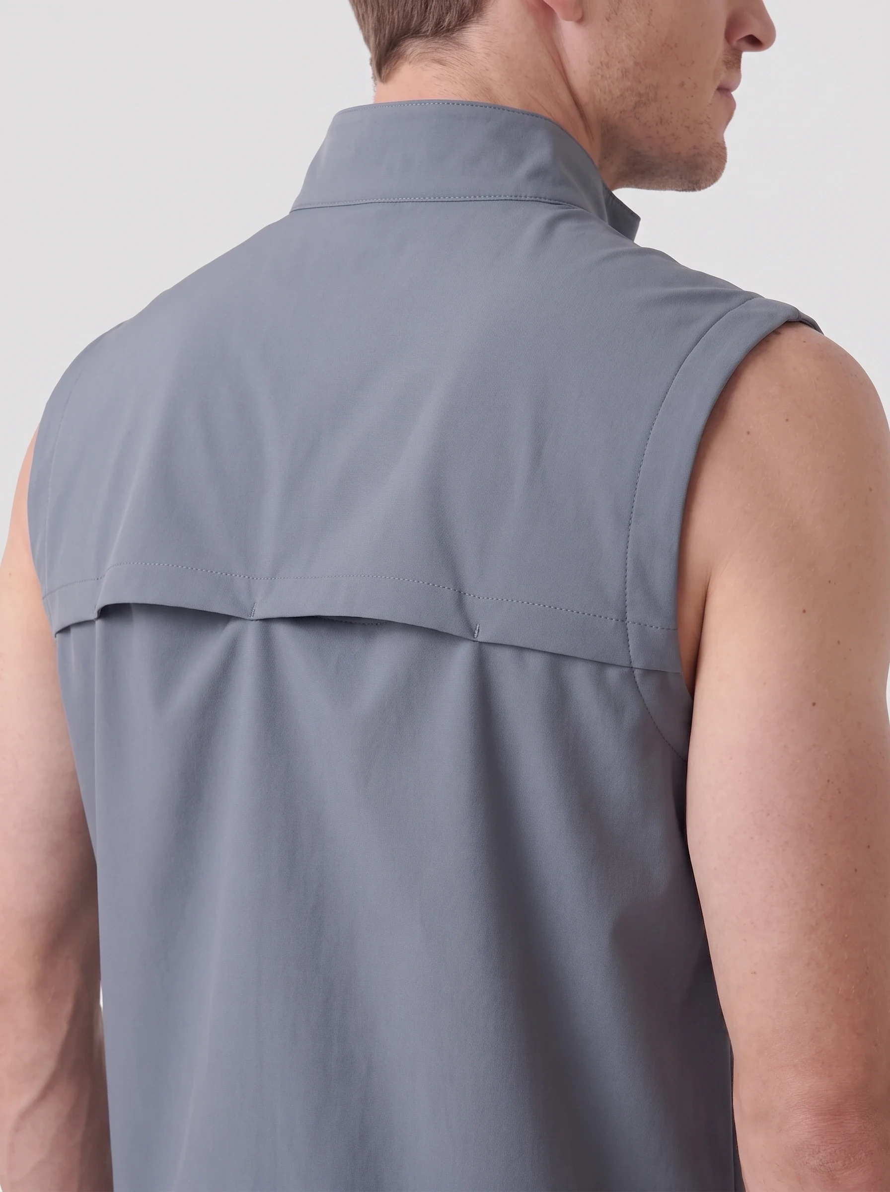 Steel Back Vent Wind Vest, men outerwear, Overlapping high back vent and armhole binding detail