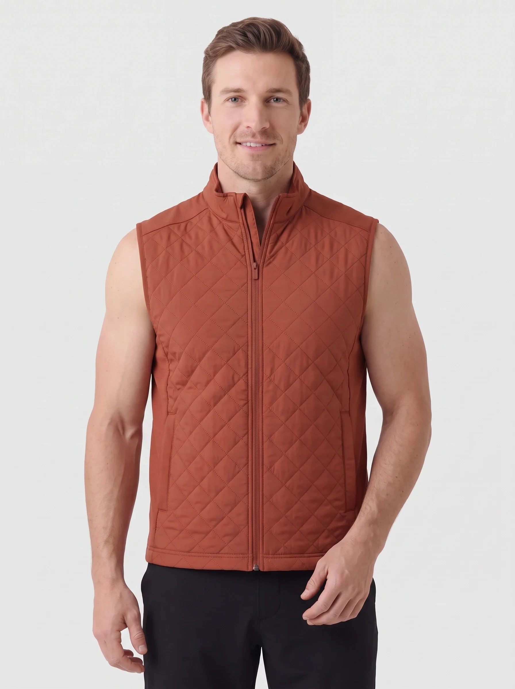 Rust Diamond Quilt Golf Vest, men outerwear, front view