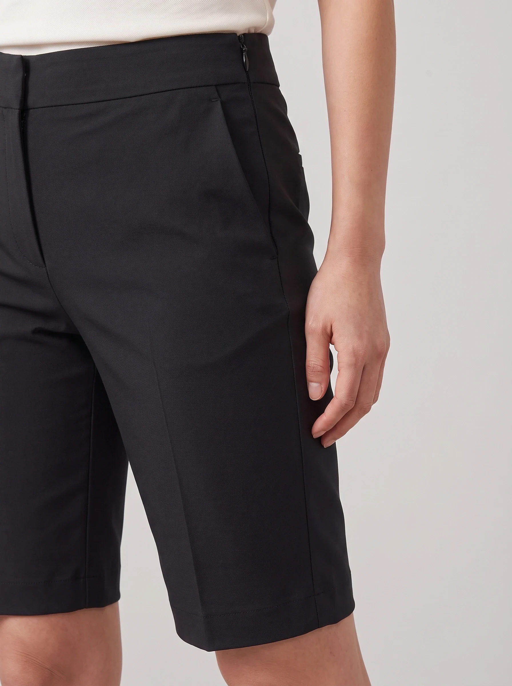 Black Tailored Bermuda Short, women shorts, Side zipper and knee-length hem detail