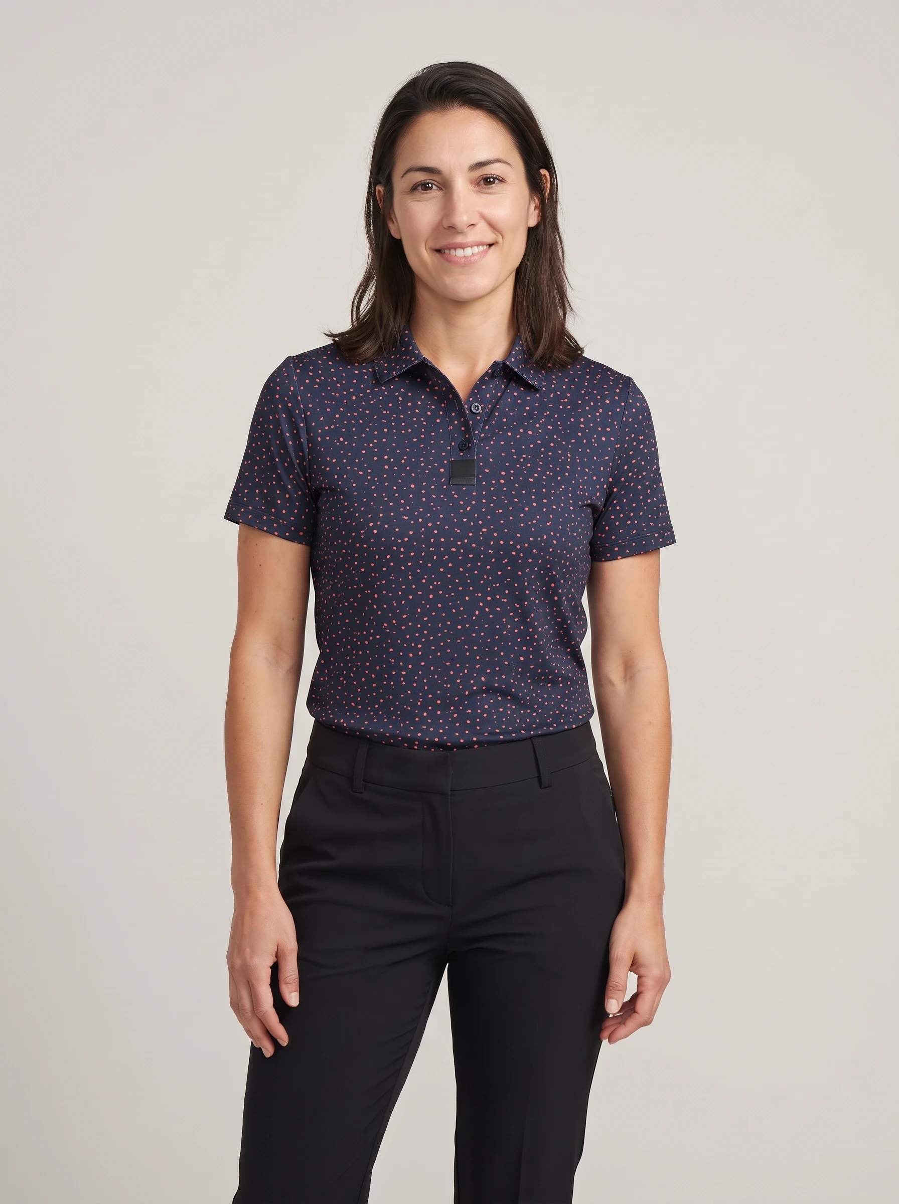 Navy Coral Dot Polo, women printed polos, front view
