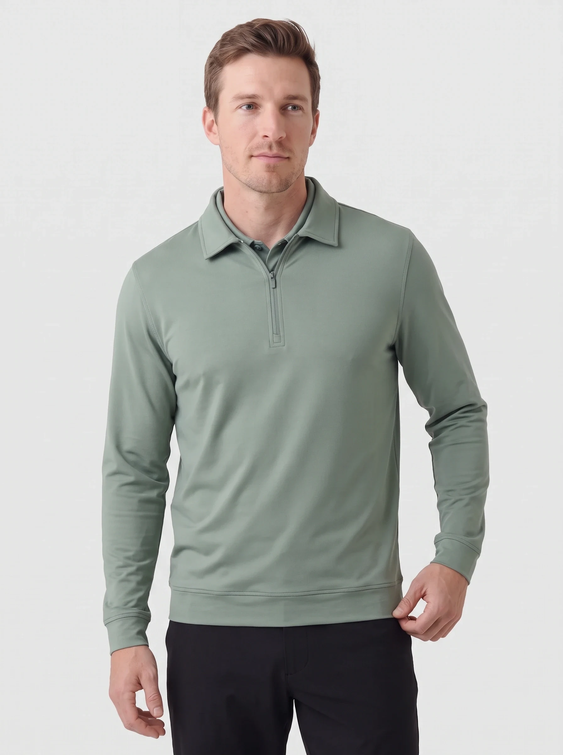 Sage Zip Neck Polo, men solid polos, front view
