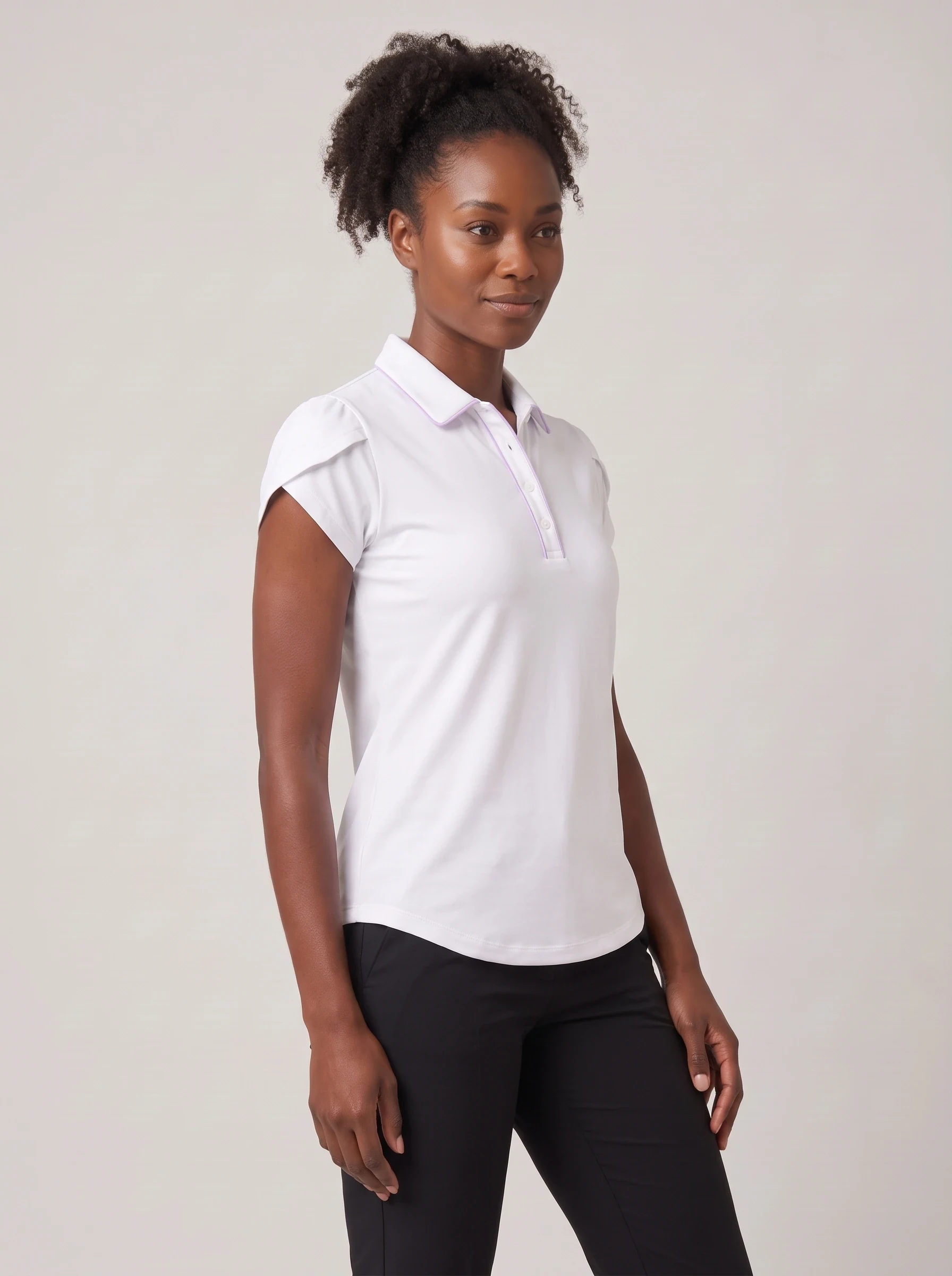 White Petal Sleeve Polo, women solid polos, side view