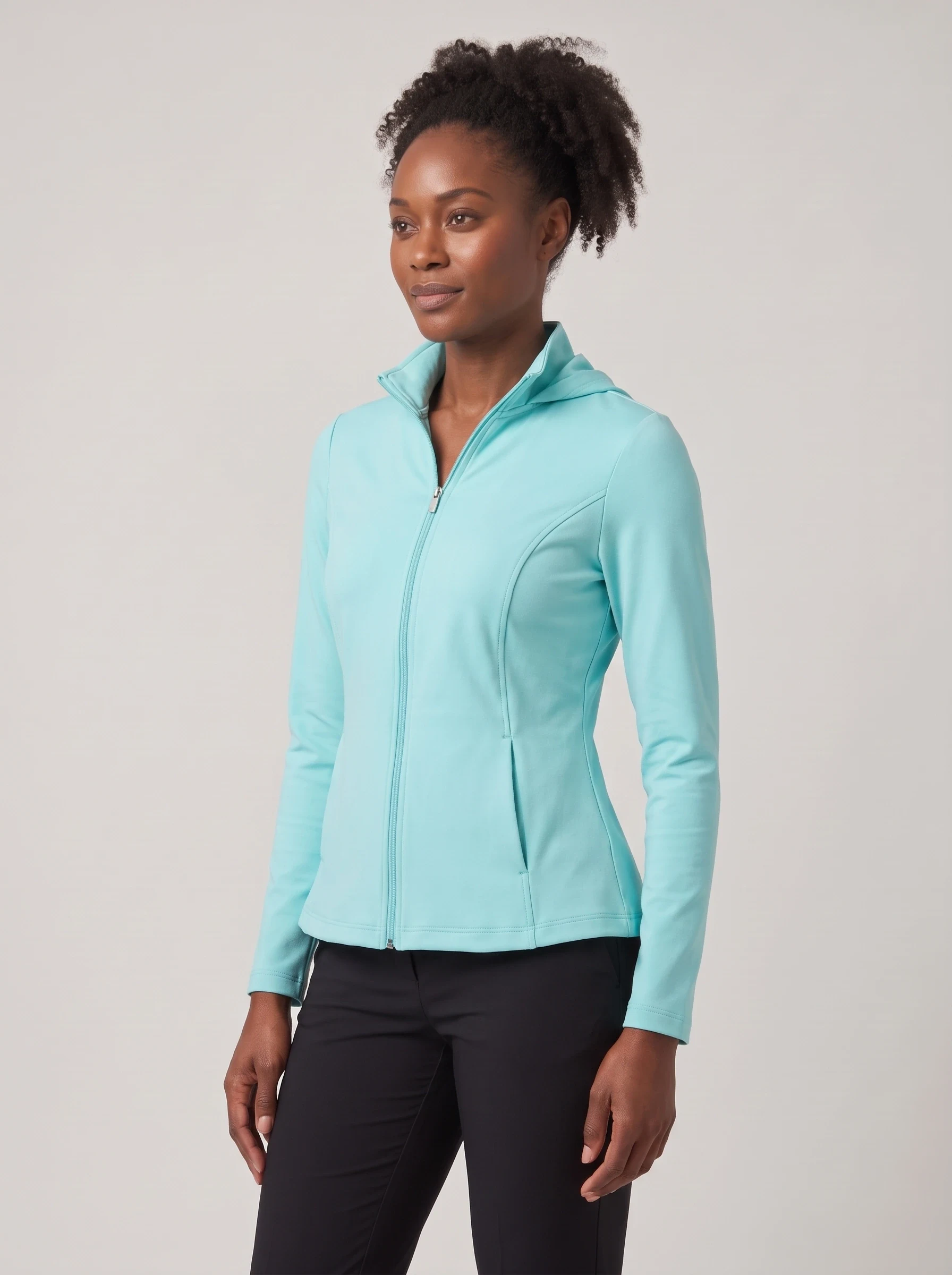 Aqua Peplum Zip Midlayer, women zip tops & midlayers, side view