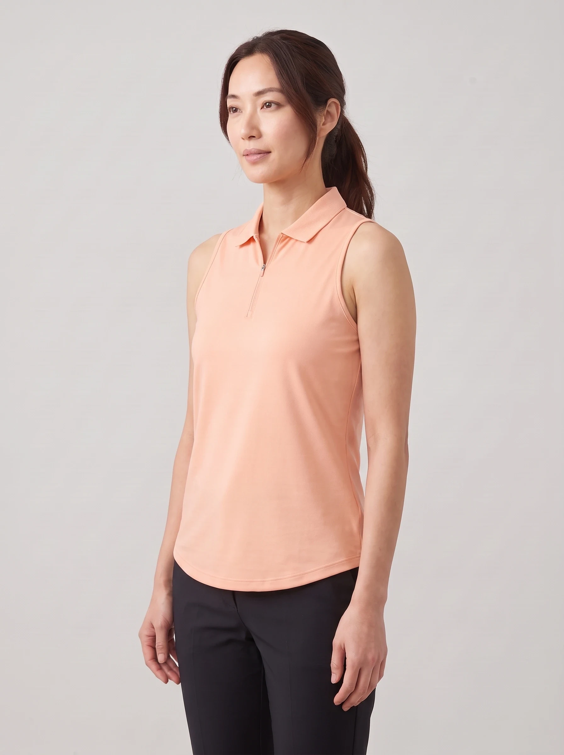 Peach Sleeveless Zip Polo, women solid polos, side view