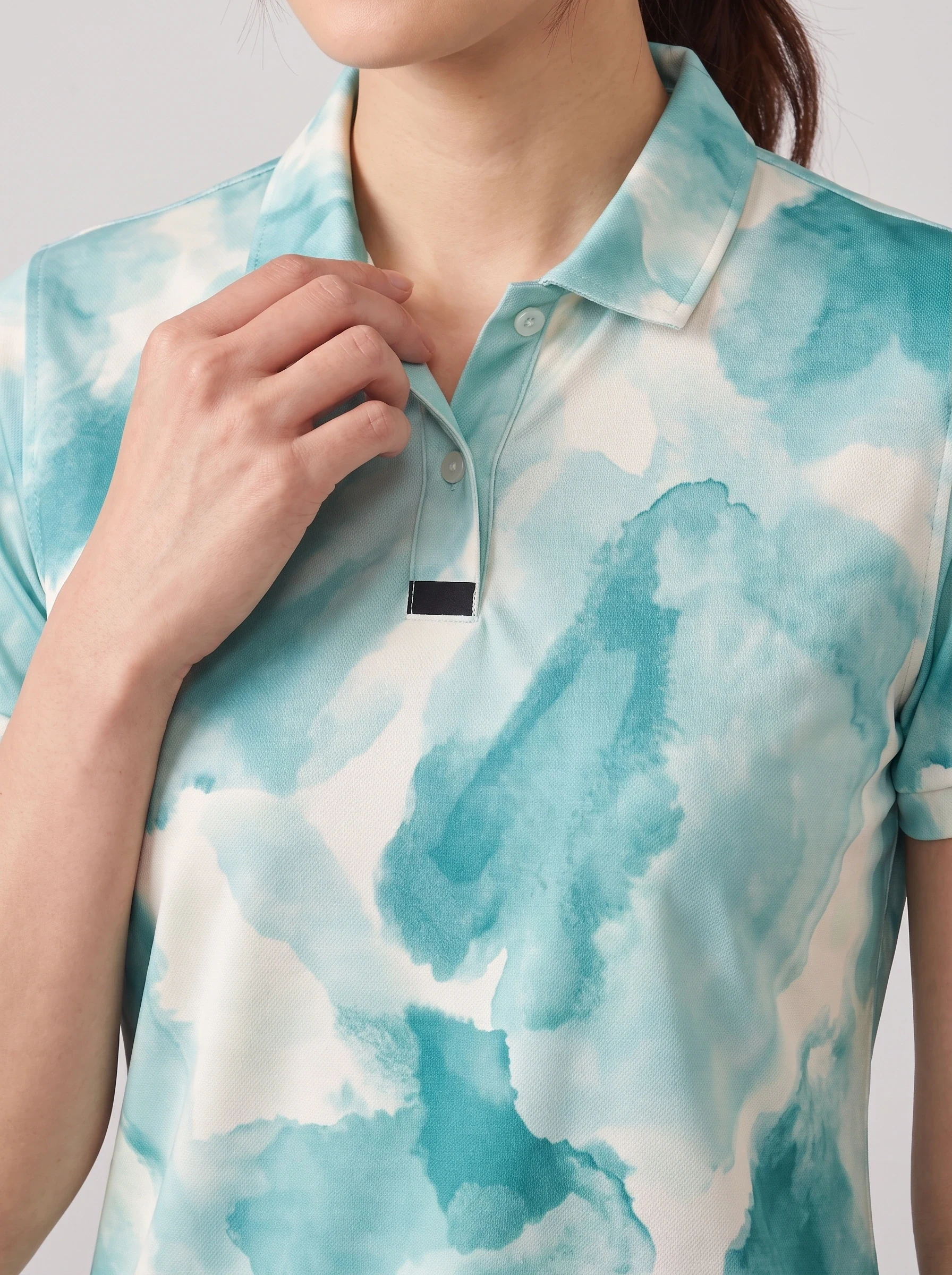Teal Watercolor Short Sleeve Polo, women printed polos, Watercolor wash and button placket detail