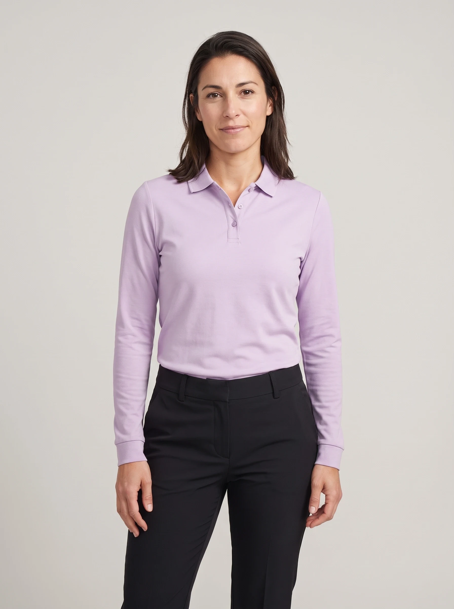 Lilac Long Sleeve Polo, women solid polos, front view