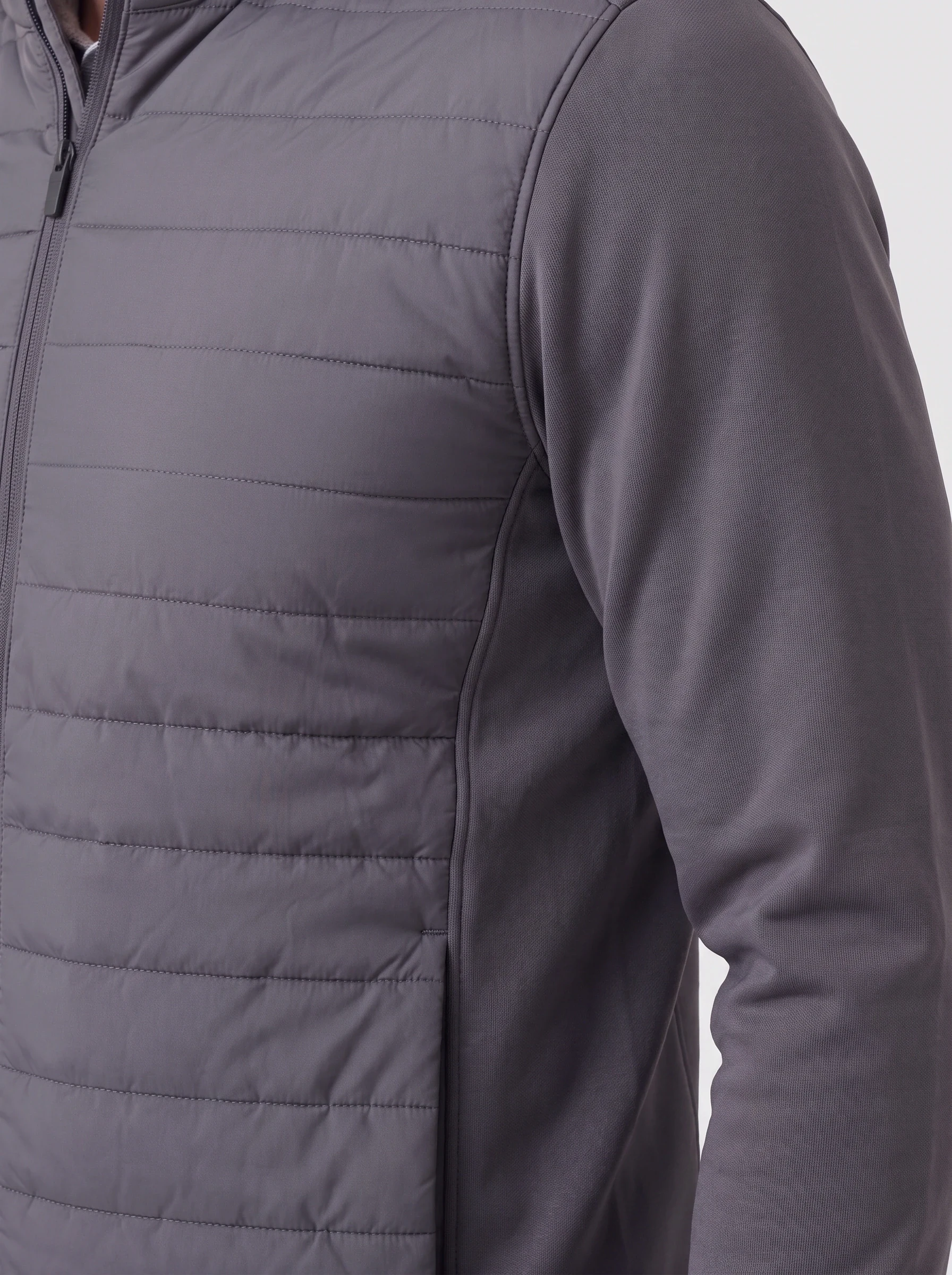 Charcoal Quilted Hybrid Jacket, men outerwear, Quilt-to-knit seam detail