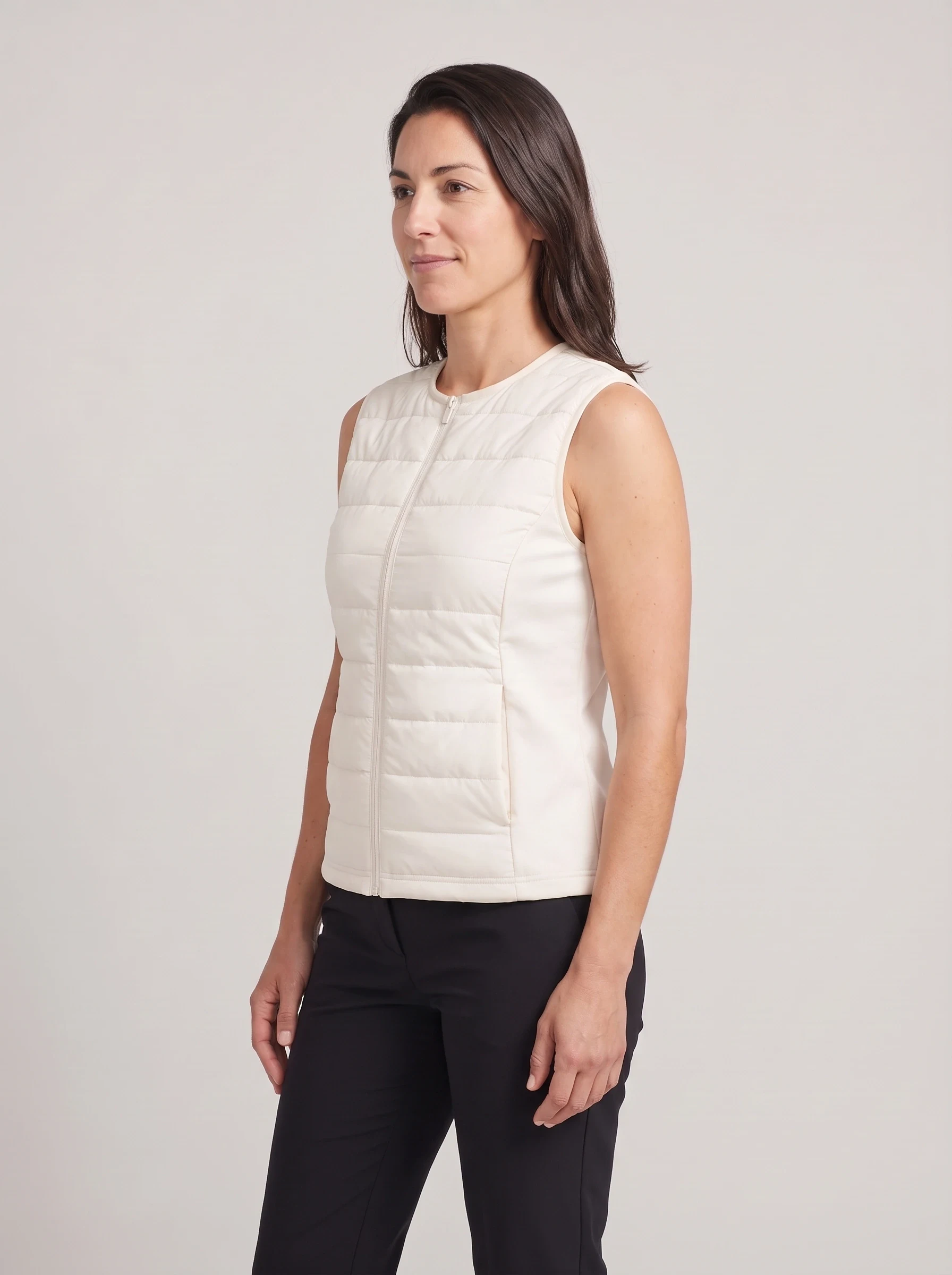 Ivory Quilted Collarless Vest, women outerwear, side view