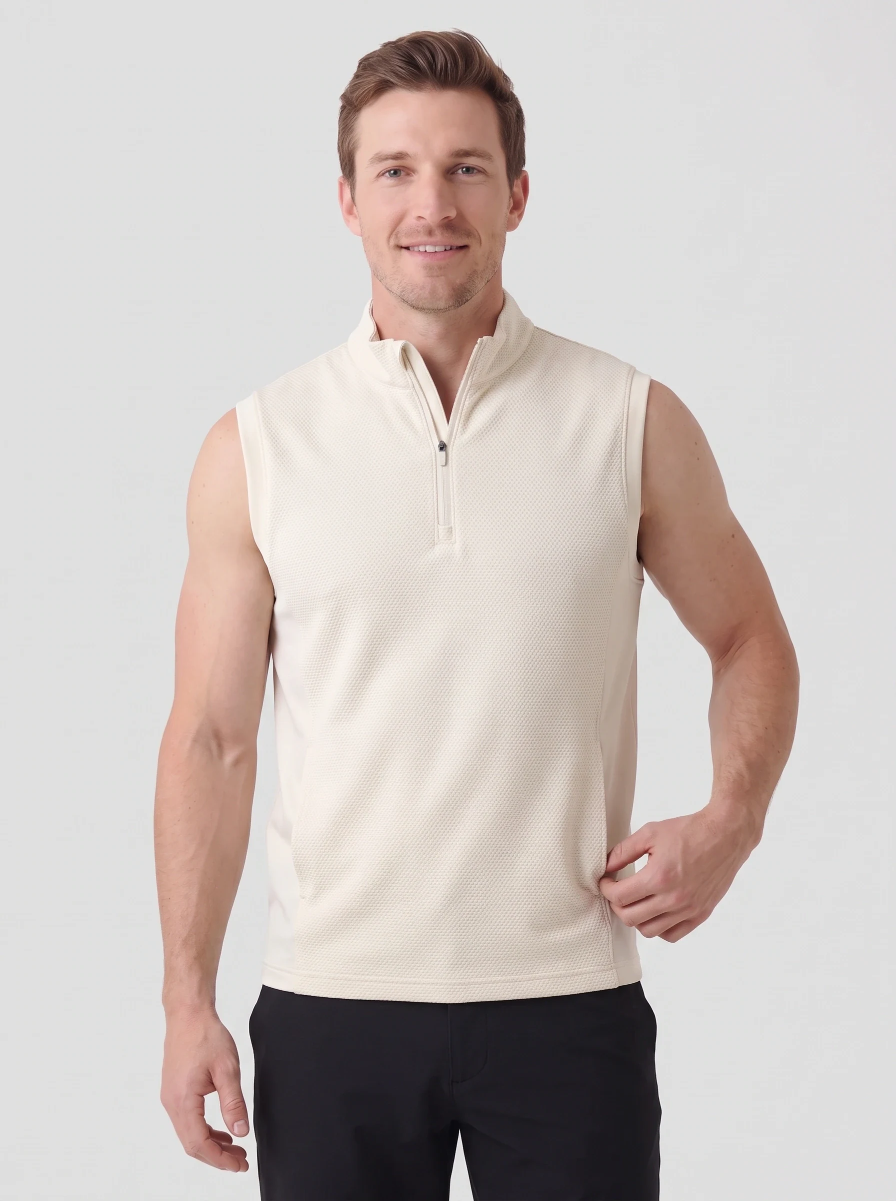 Cream Honeycomb Zip Vest, men zip tops & midlayers, front view