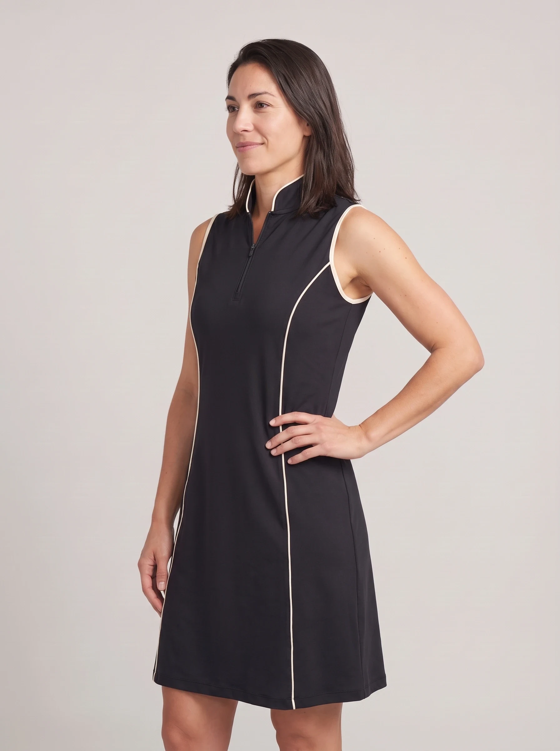 Black Piped Princess Golf Dress, women golf dresses, side view