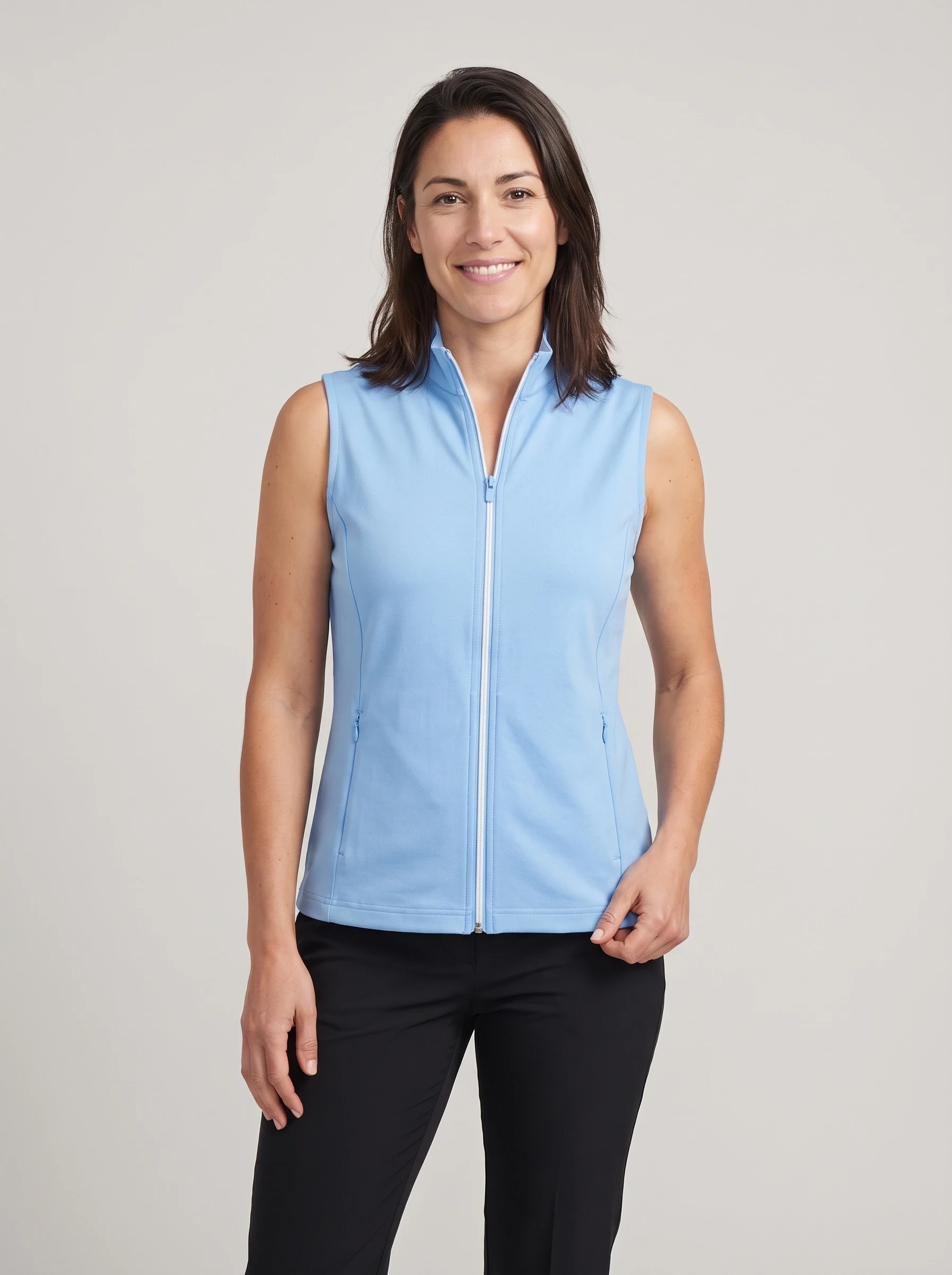 Sky Blue Zip Front Vest, women zip tops & midlayers, front view