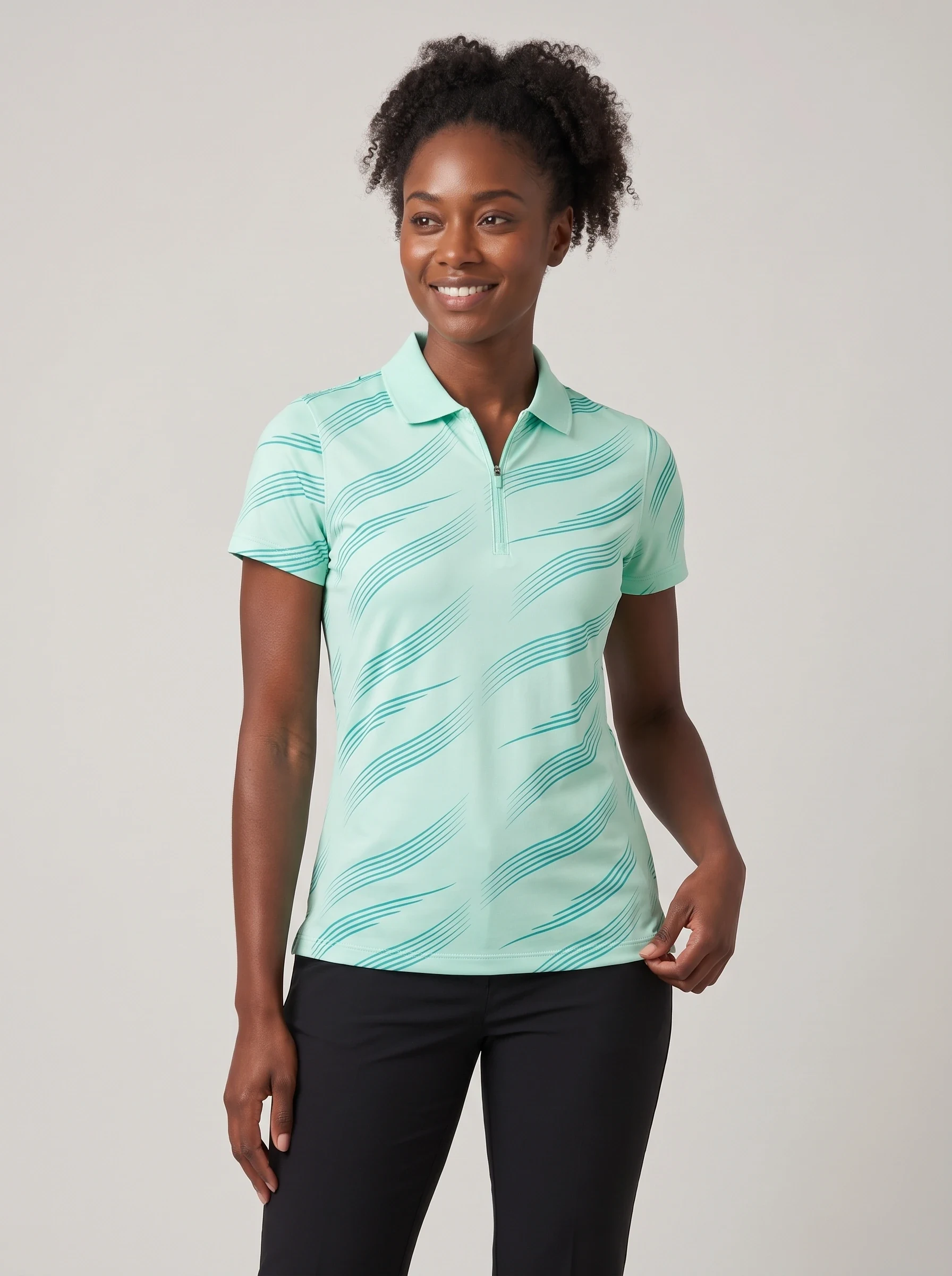 Mint Wave Zip Polo, women printed polos, front view