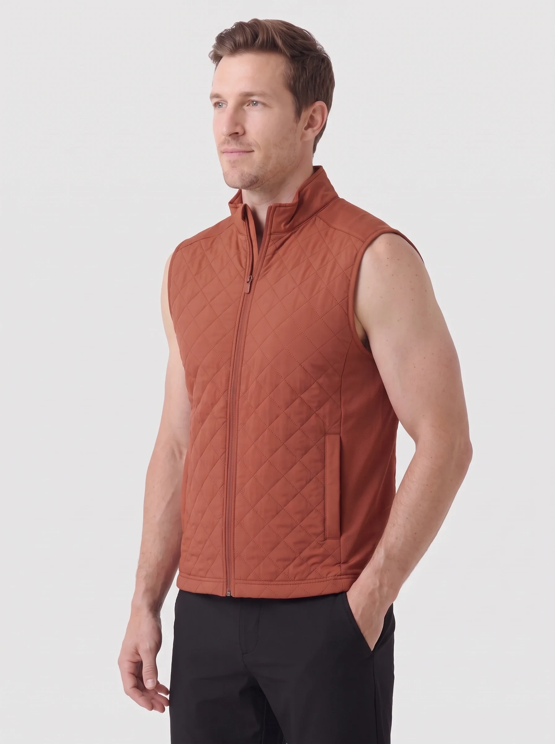 Rust Diamond Quilt Golf Vest, men outerwear, side view
