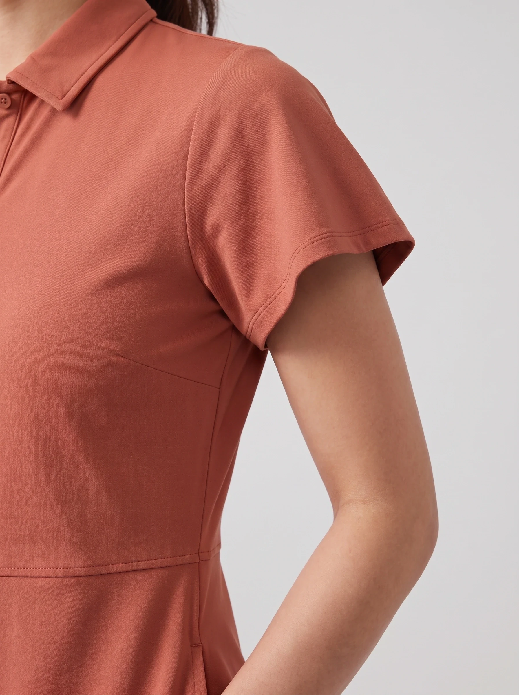 Terracotta Flutter Sleeve Golf Dress, women golf dresses & skirts, Flutter sleeve edge and waist seam detail