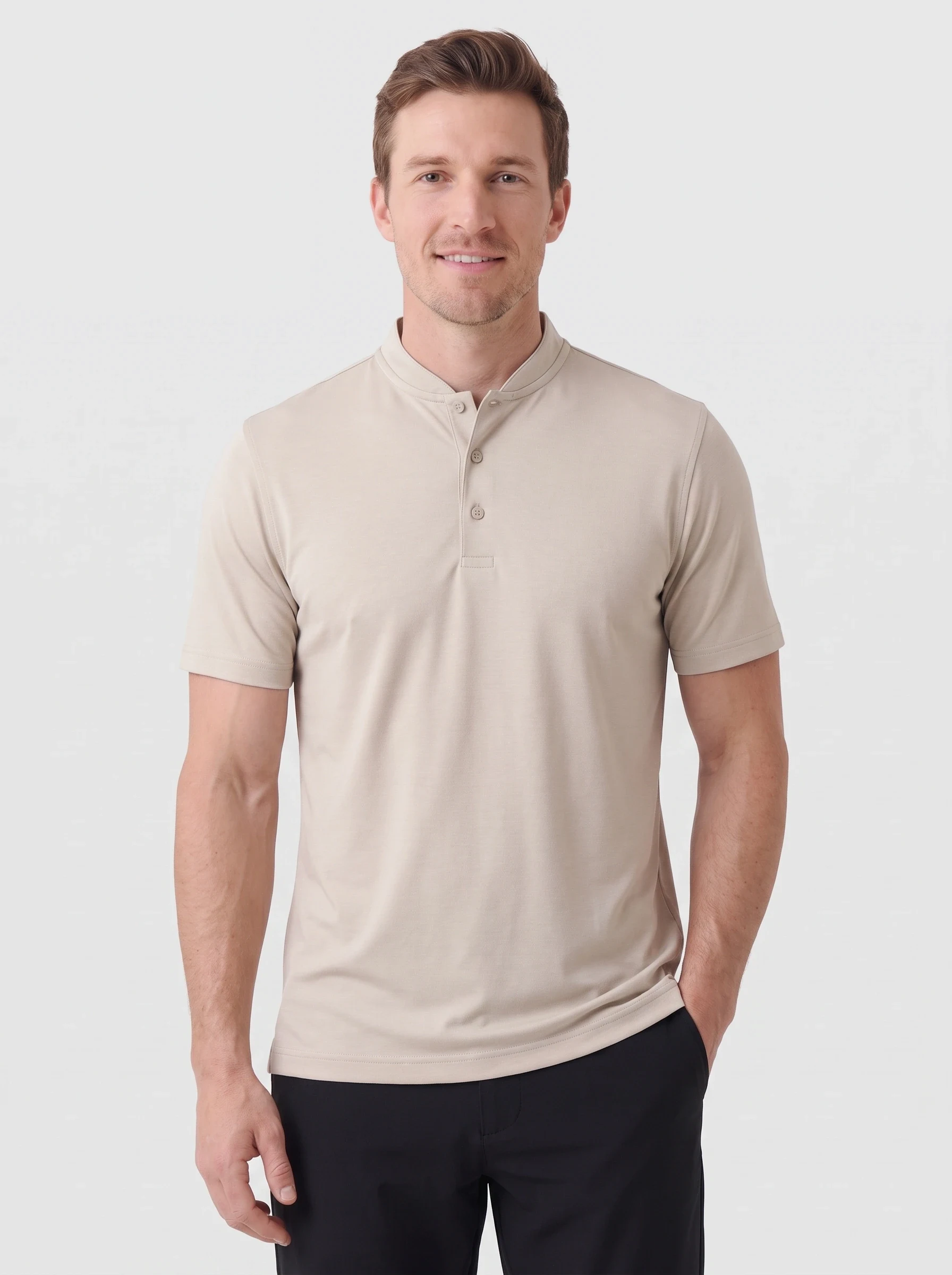 Sand Band Collar Polo, men solid polos, front view