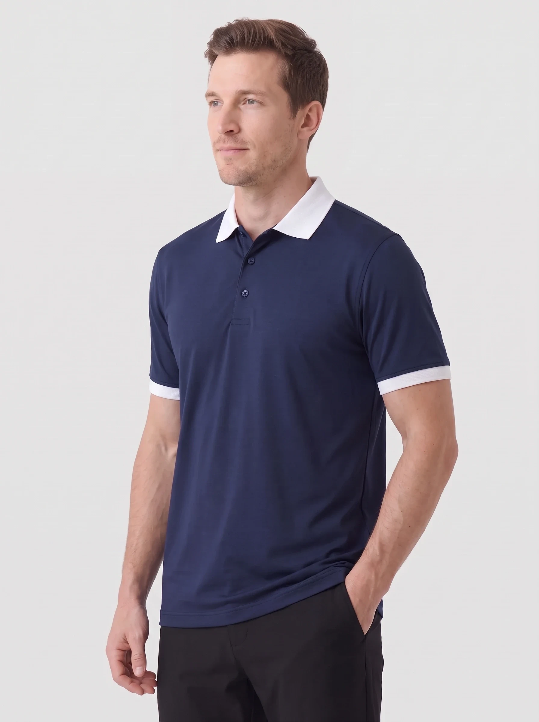 Navy Contrast Collar Polo, men solid polos, side view