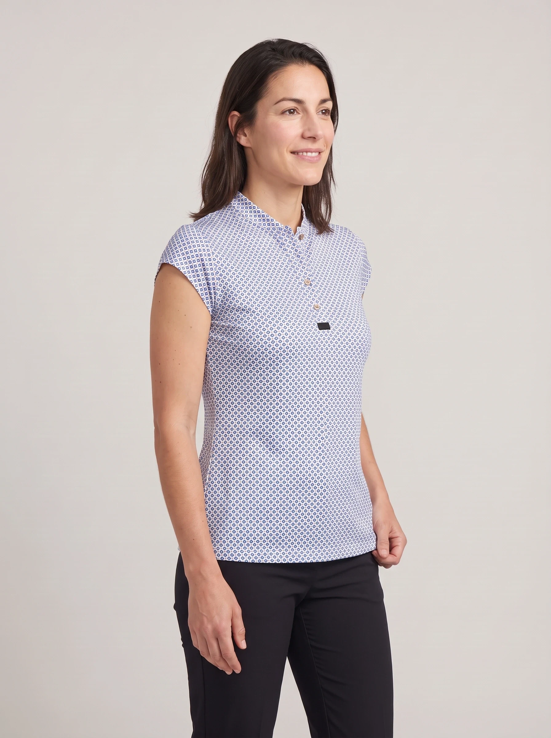 Blue Geometric Tile Polo, women printed polos, side view