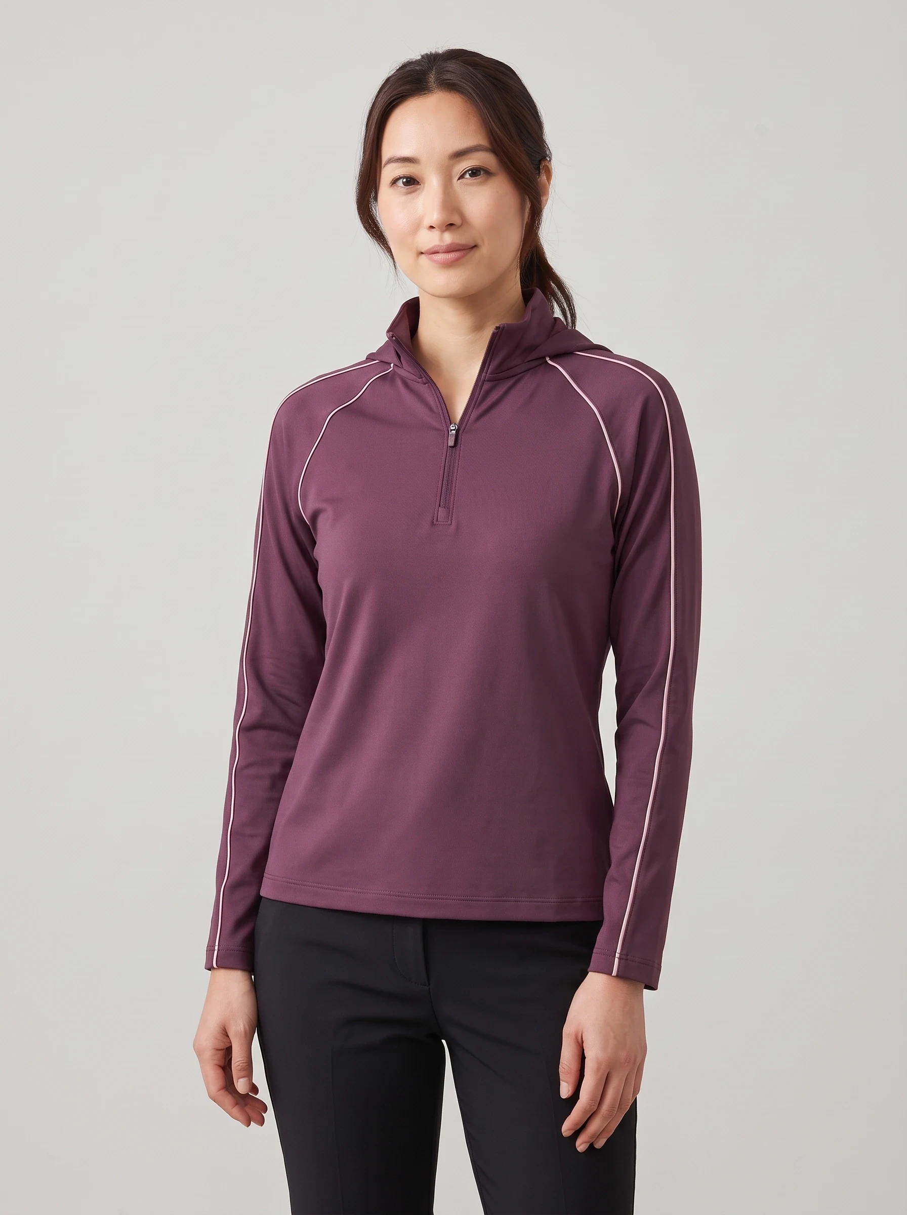 Plum Piped Quarter Zip, women zip tops & midlayers, front view
