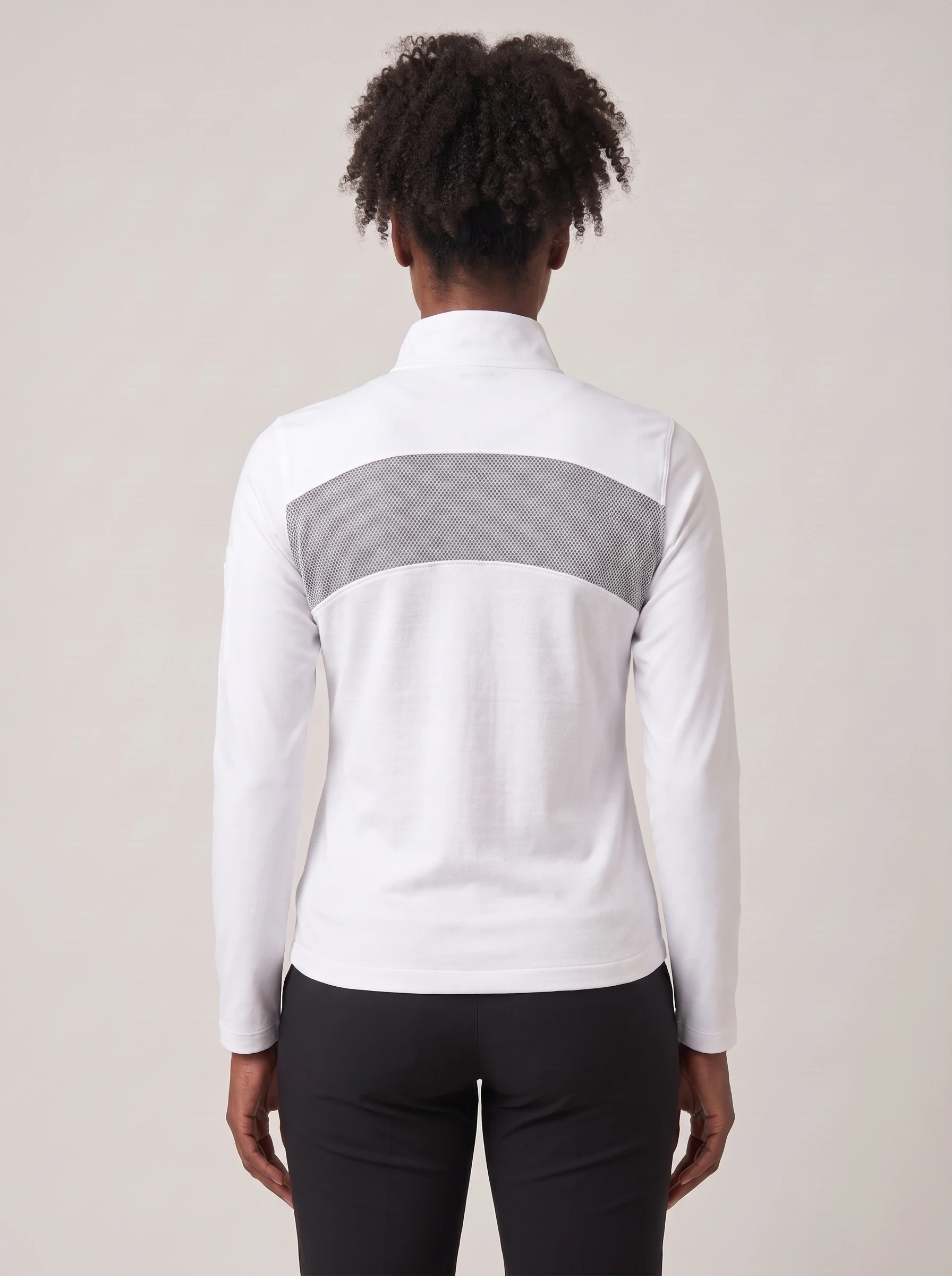 White Mesh Back Zip Layer, women zip tops & midlayers, back view