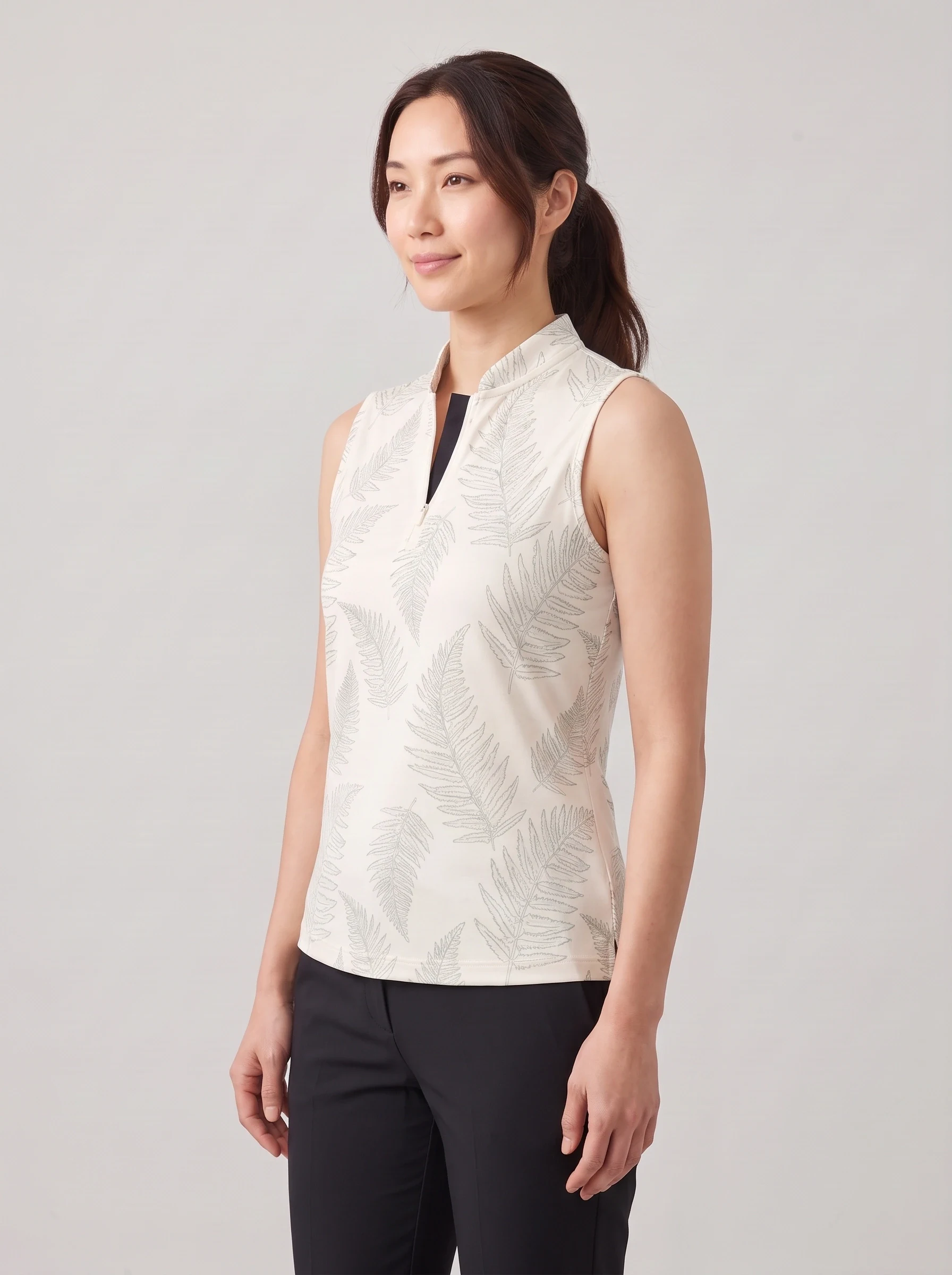 Ivory Fern Sketch Sleeveless Polo, women printed polos, side view