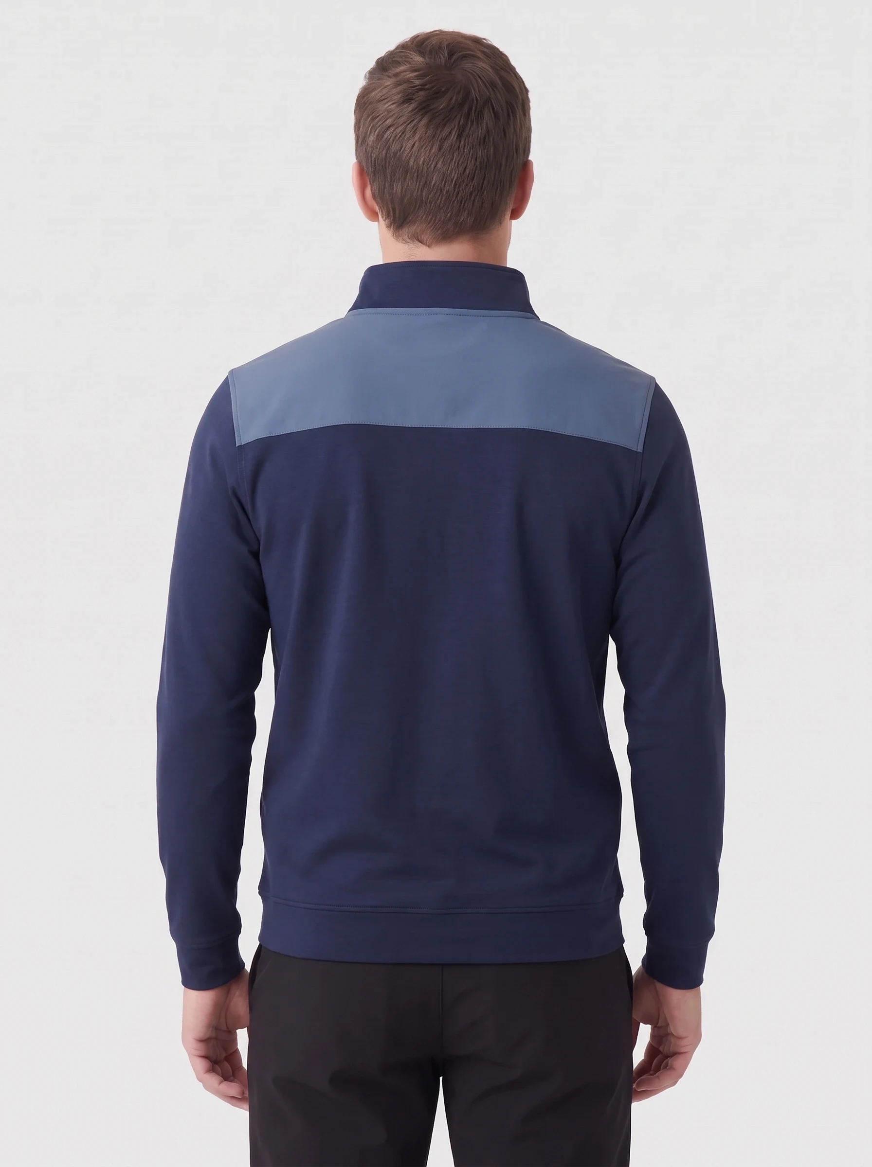 Navy Chest Panel Half Zip, men zip tops & midlayers, back view