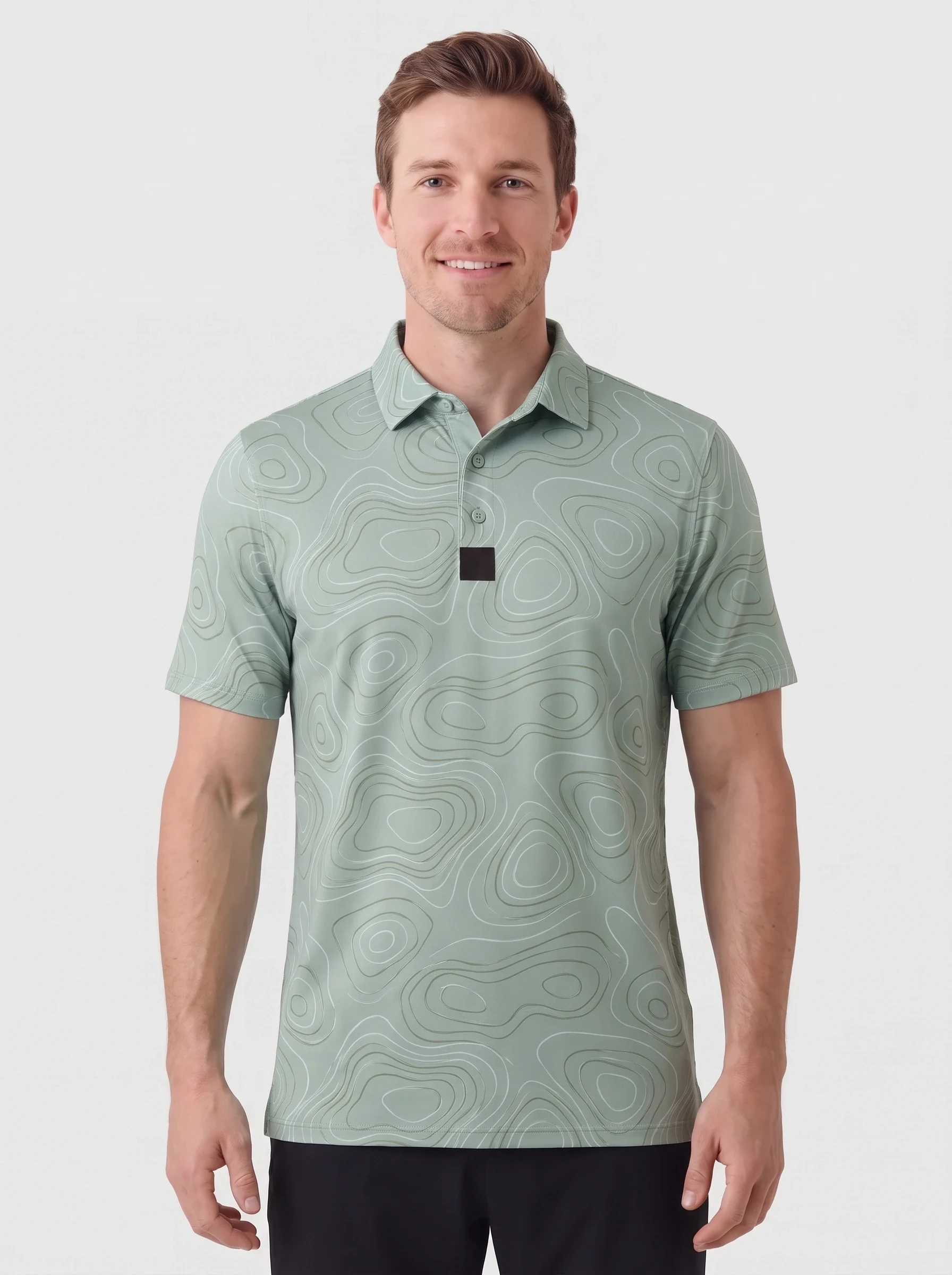 Sage Contour Print Polo, men printed polos, front view