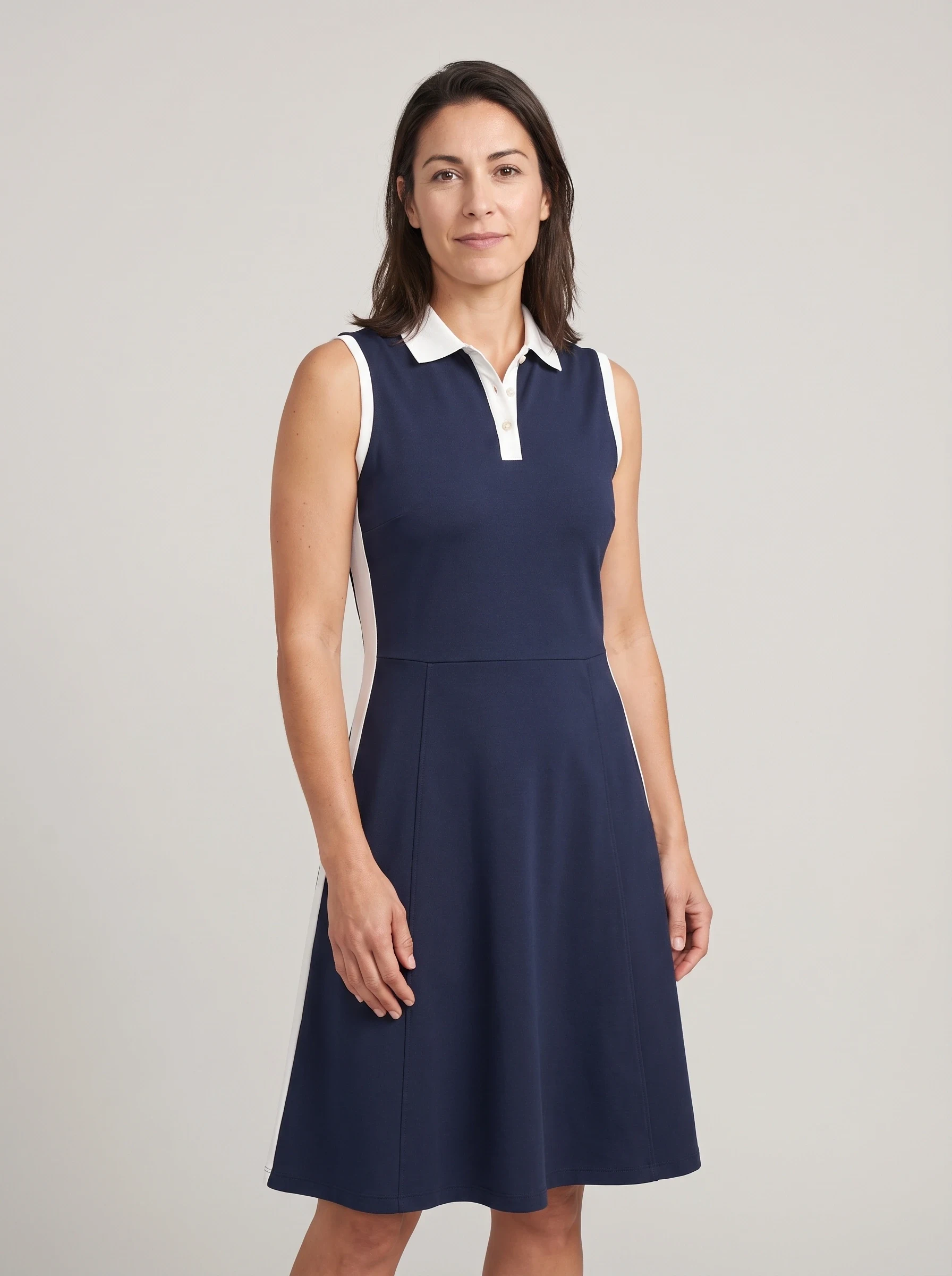Navy Tennis Panel Golf Dress, women golf dresses & skirts, front view