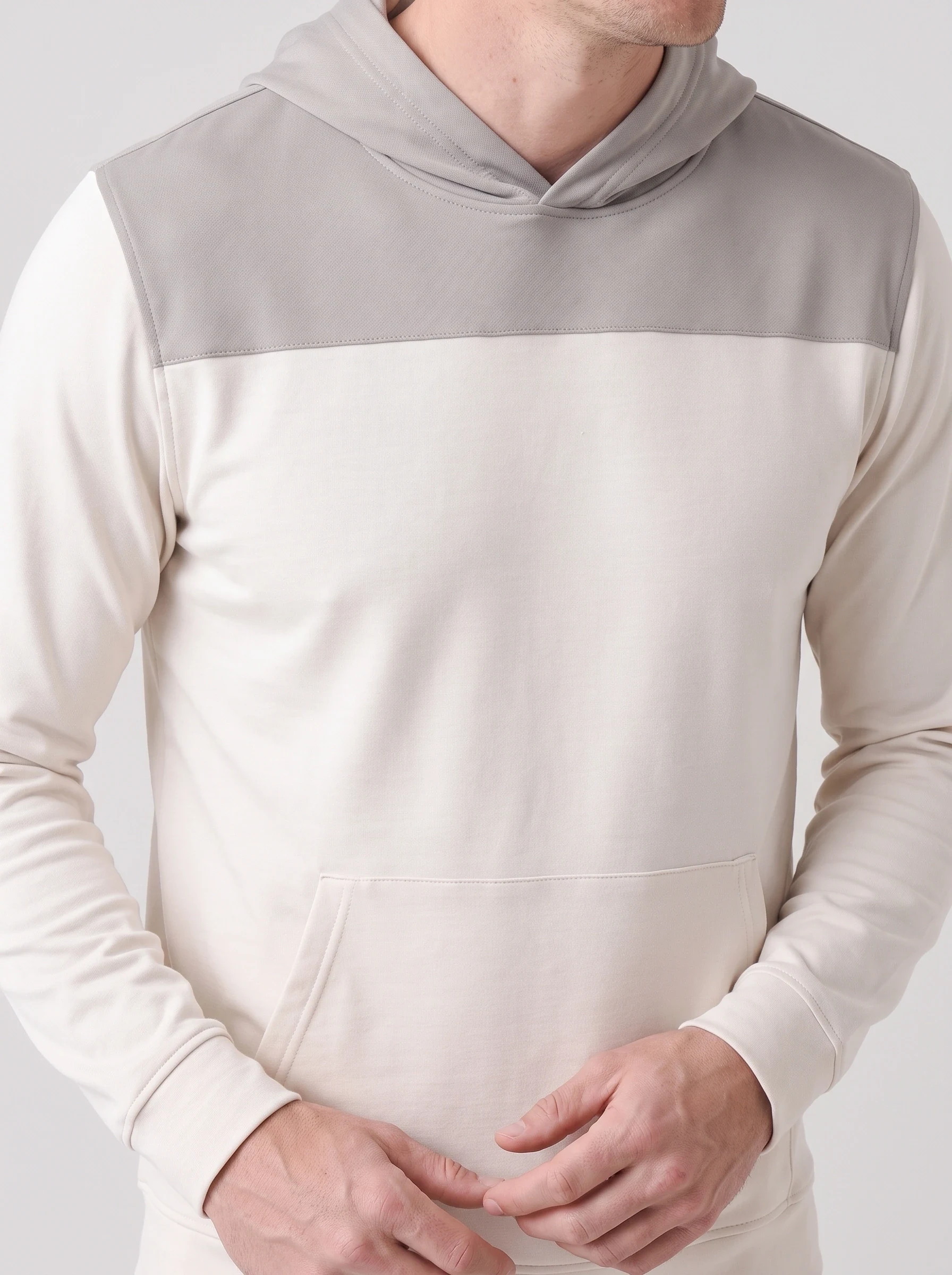 Ivory Shoulder Block Hoodie, men hoodies, Shoulder color blocking and jersey texture detail