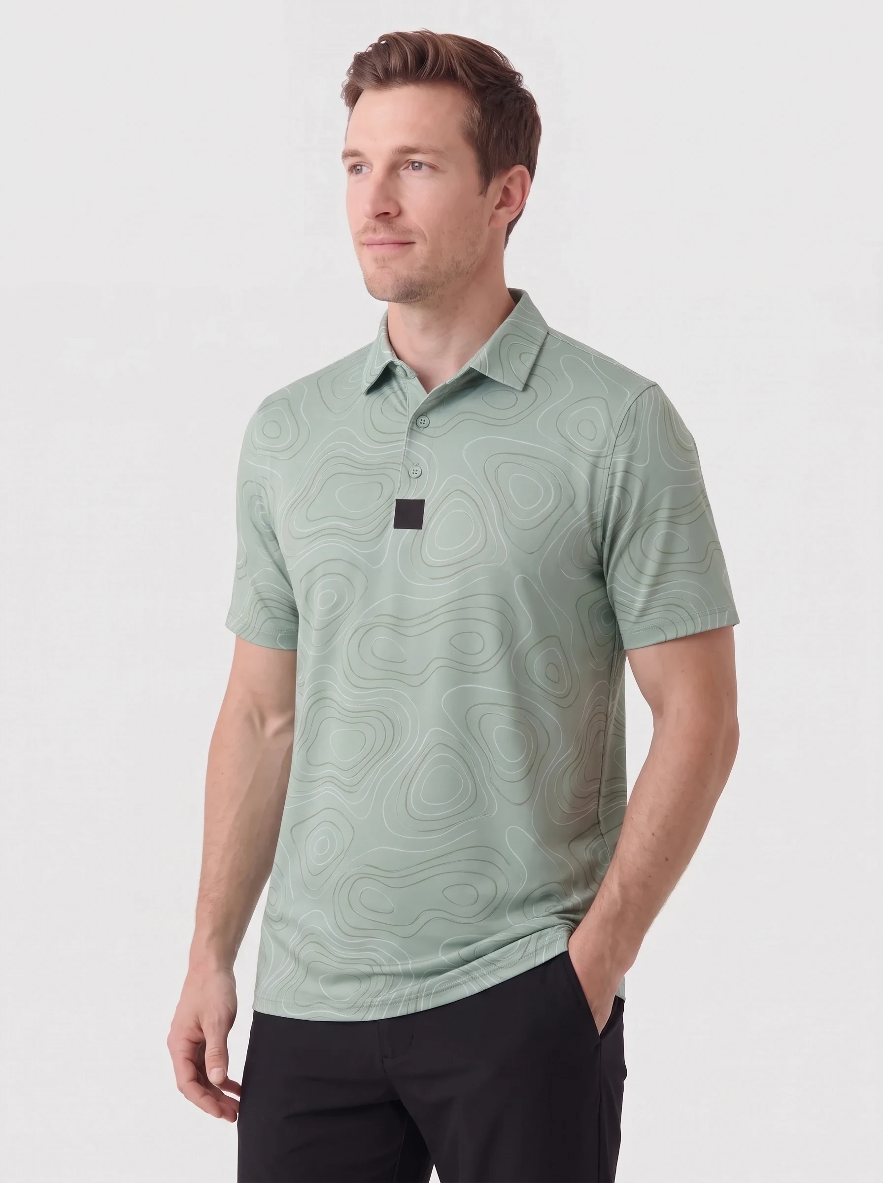 Sage Contour Print Polo, men printed polos, side view